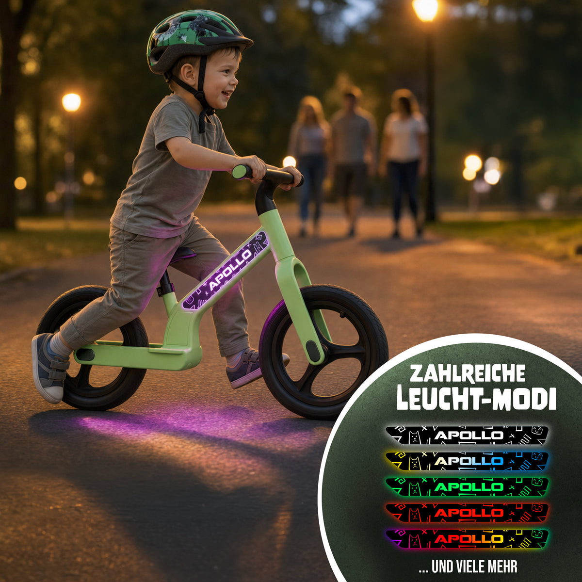 Apollo Funsport CH Trailbuddy LED Laufrad für Kinder ab 2 Jahre – 12 Zoll Kinderlaufrad mit Beleuchtung Green