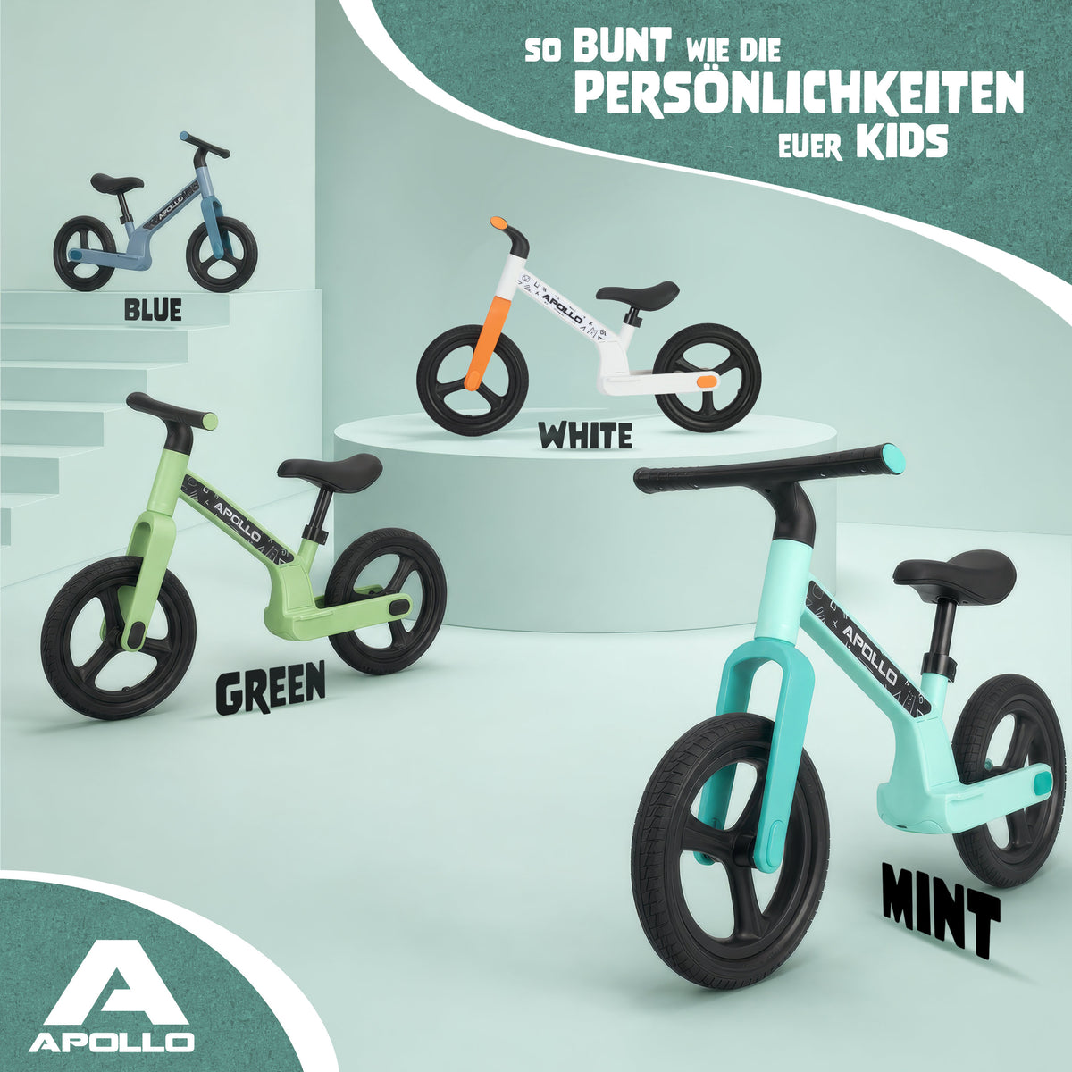 Apollo Funsport CH Trailbuddy LED Laufrad für Kinder ab 2 Jahre – 12 Zoll Kinderlaufrad mit Beleuchtung Mint