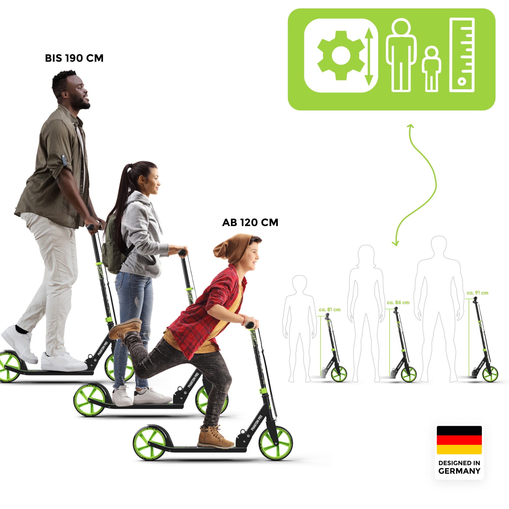 Apollo Klappbarer City Roller für Kinder "Phantom" höhenverstellbarer Tretroller Grün