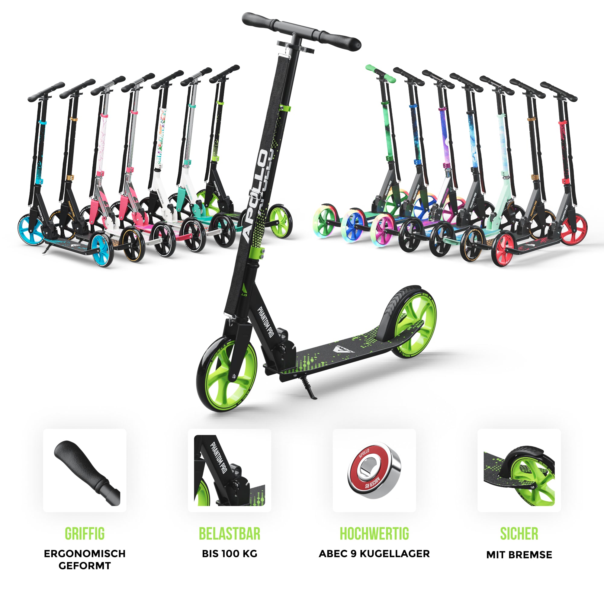 Apollo Klappbarer City Roller für Kinder "Phantom" höhenverstellbarer Tretroller Grün