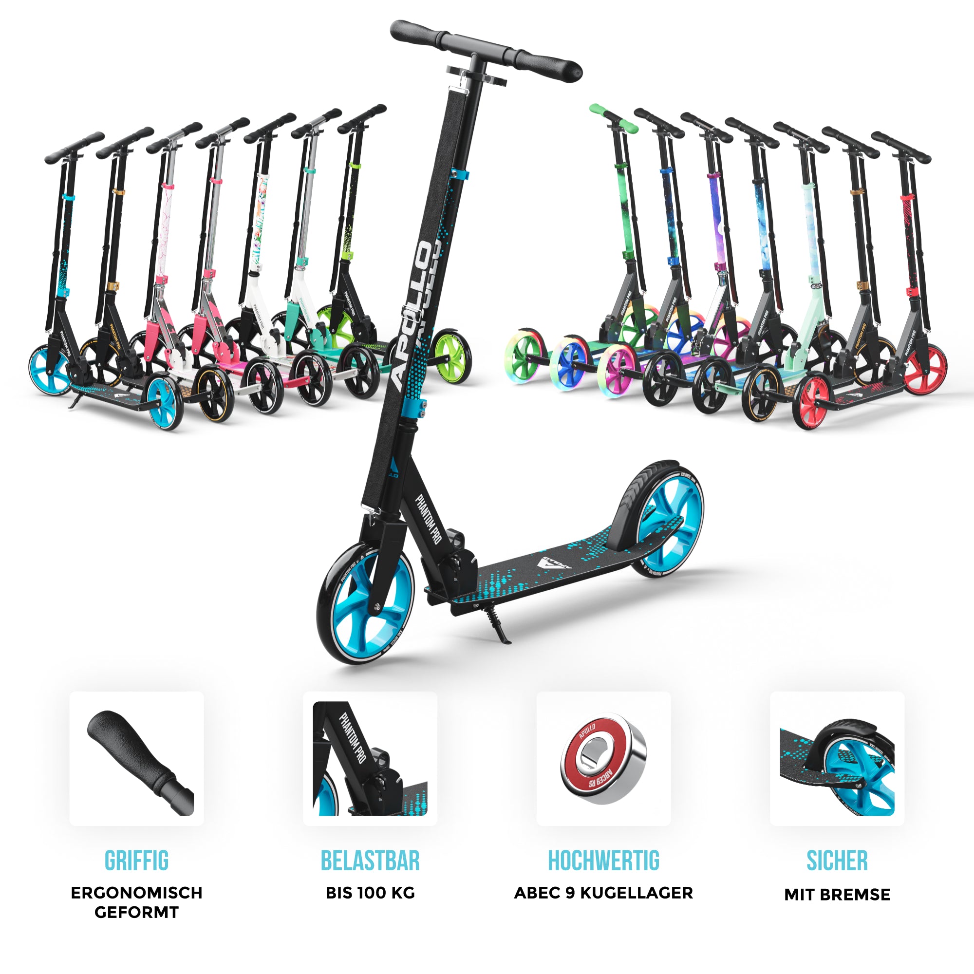 Apollo Klappbarer City Roller für Kinder "Phantom" höhenverstellbarer Tretroller Blau