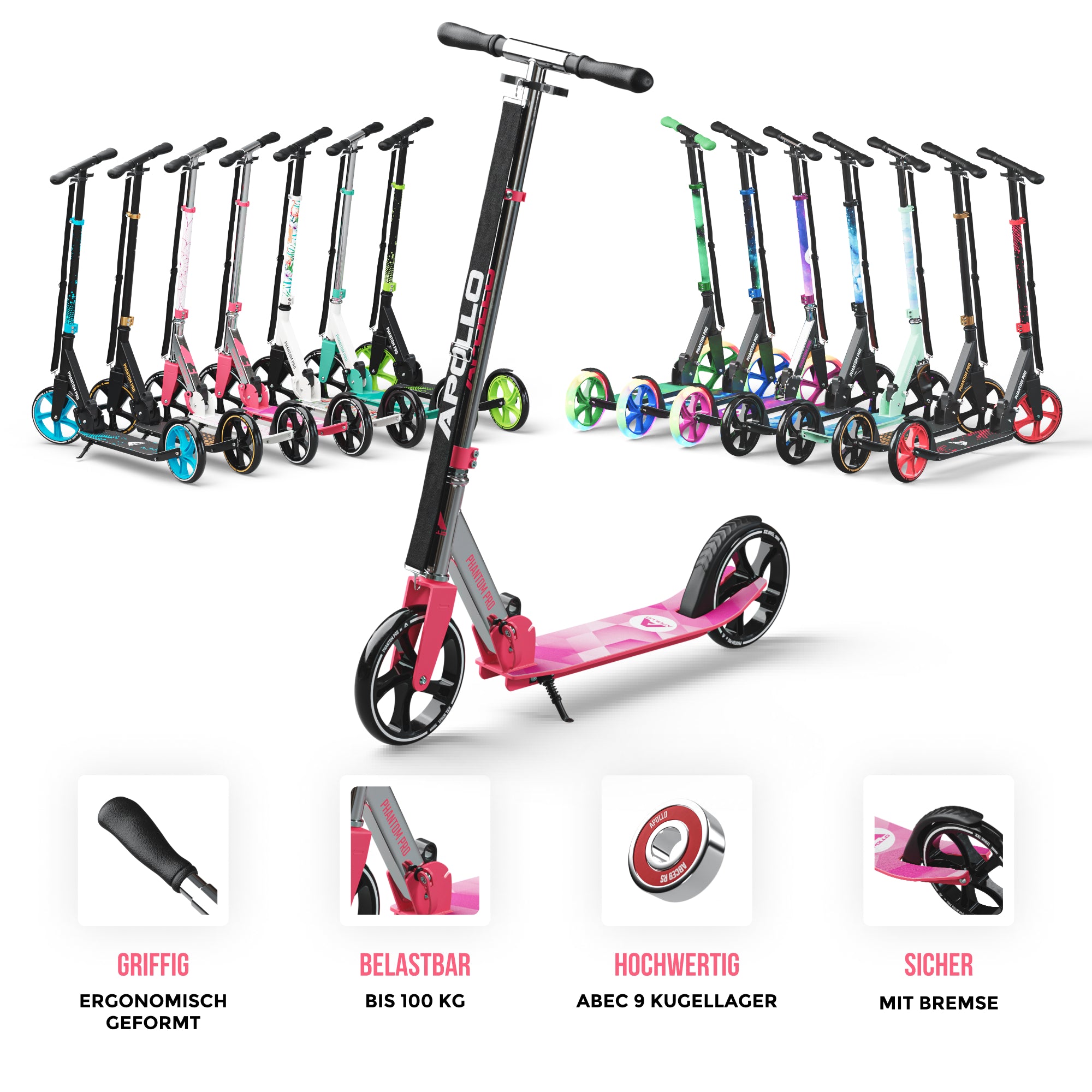 Apollo Klappbarer City Roller für Kinder "Phantom" höhenverstellbarer Tretroller Pink Silber