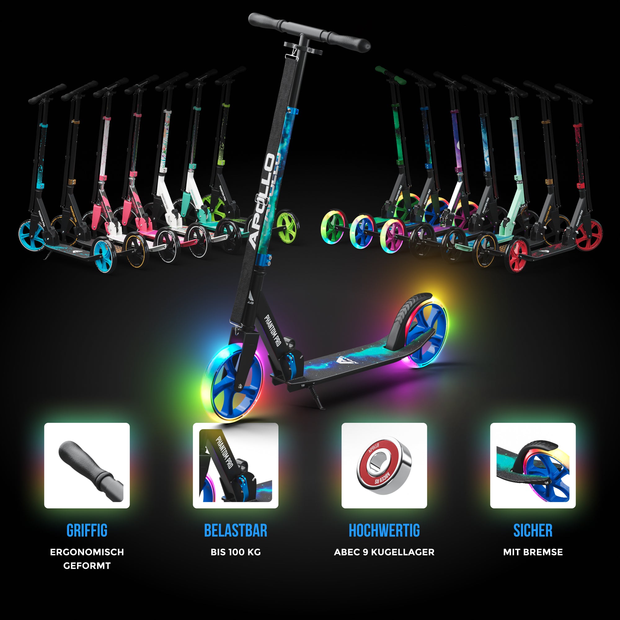 Apollo Klappbarer City Roller für Kinder "Phantom" höhenverstellbarer Tretroller Universe