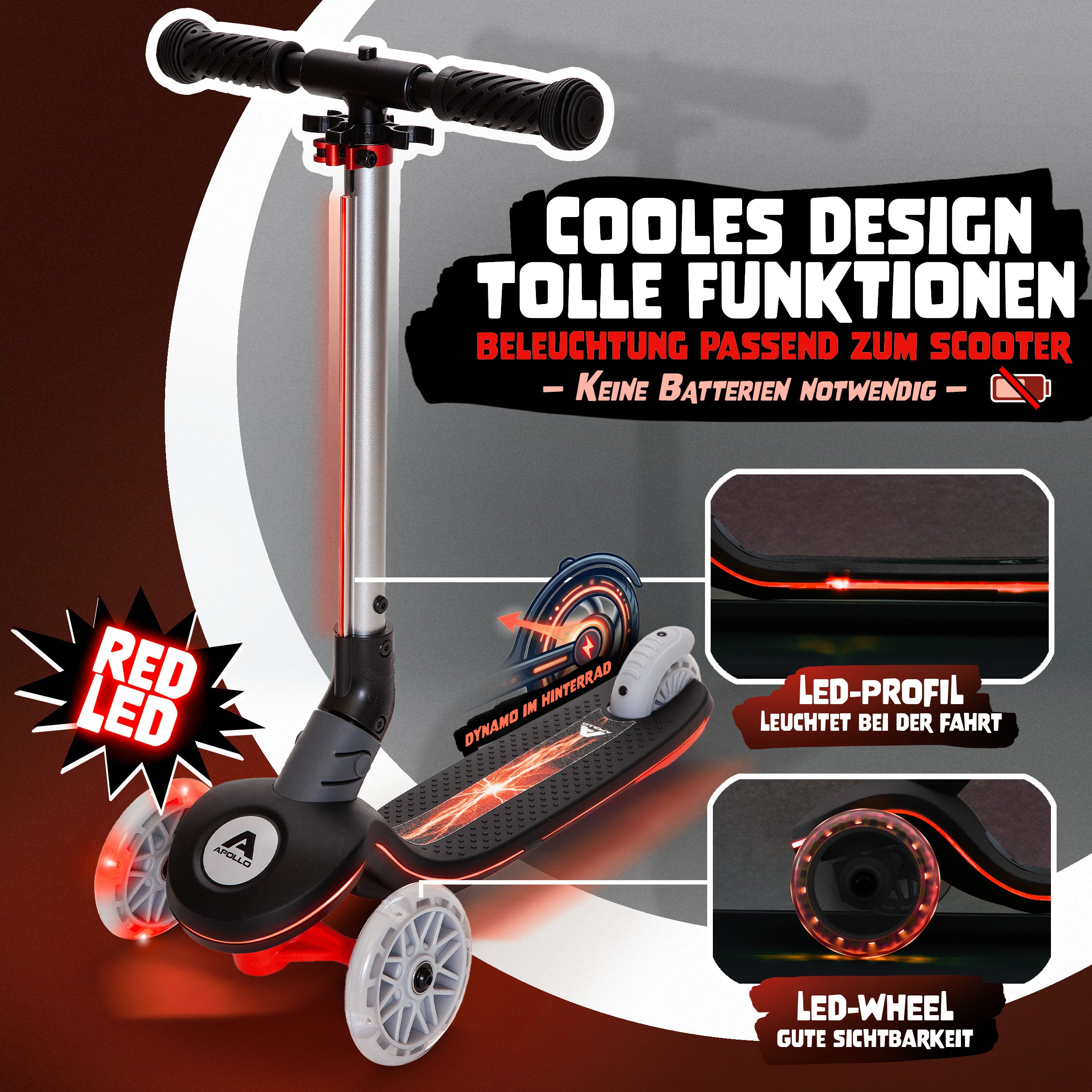 Apollo Funsport CH Apollo Whizzie LED Kinderroller, höhenverstellbarer Dreiradscooter für Kinder ab 3 Jahre Black Blaze