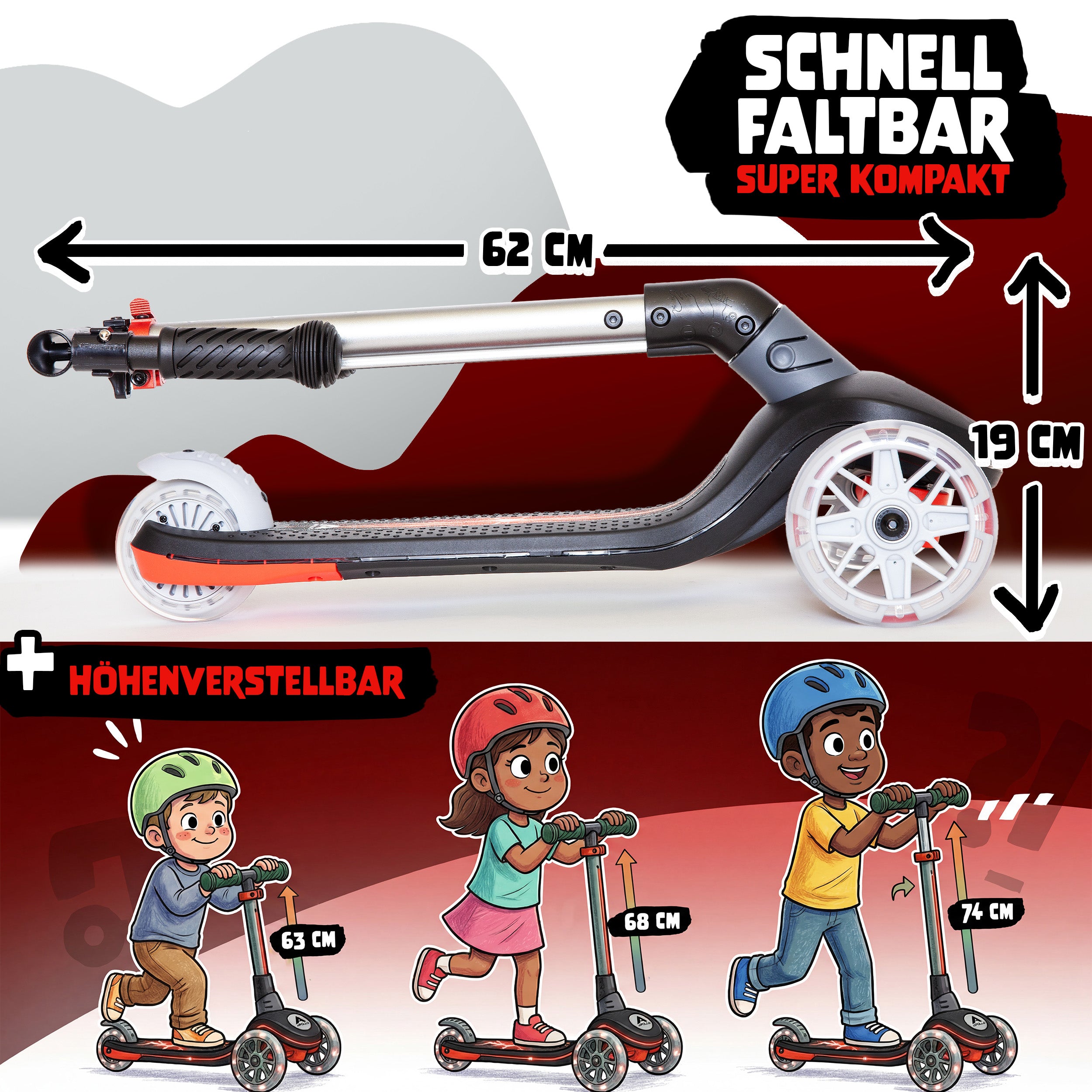 Apollo Funsport CH Apollo Whizzie LED Kinderroller, höhenverstellbarer Dreiradscooter für Kinder ab 3 Jahre Black Blaze