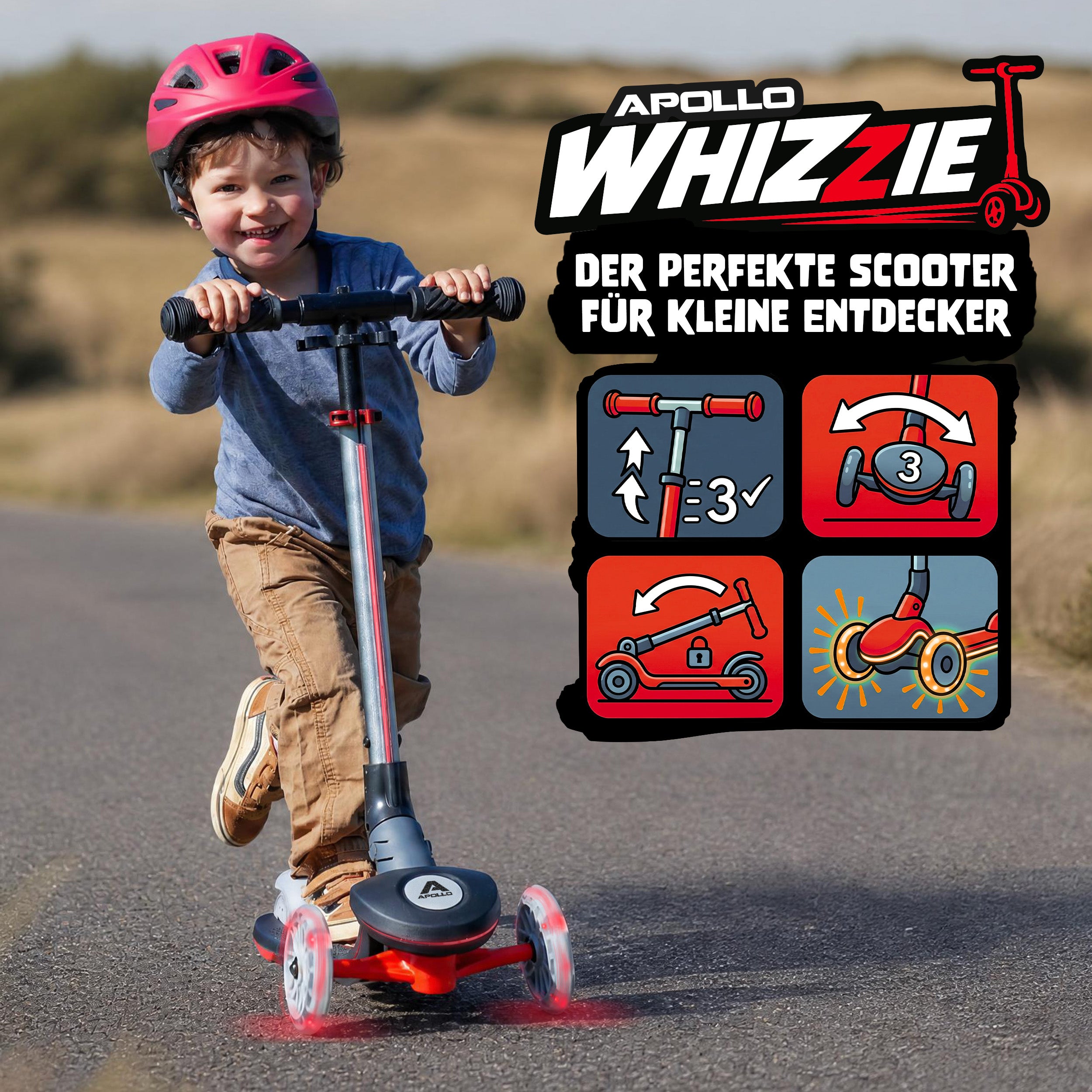 Apollo Funsport CH Apollo Whizzie LED Kinderroller, höhenverstellbarer Dreiradscooter für Kinder ab 3 Jahre Black Blaze