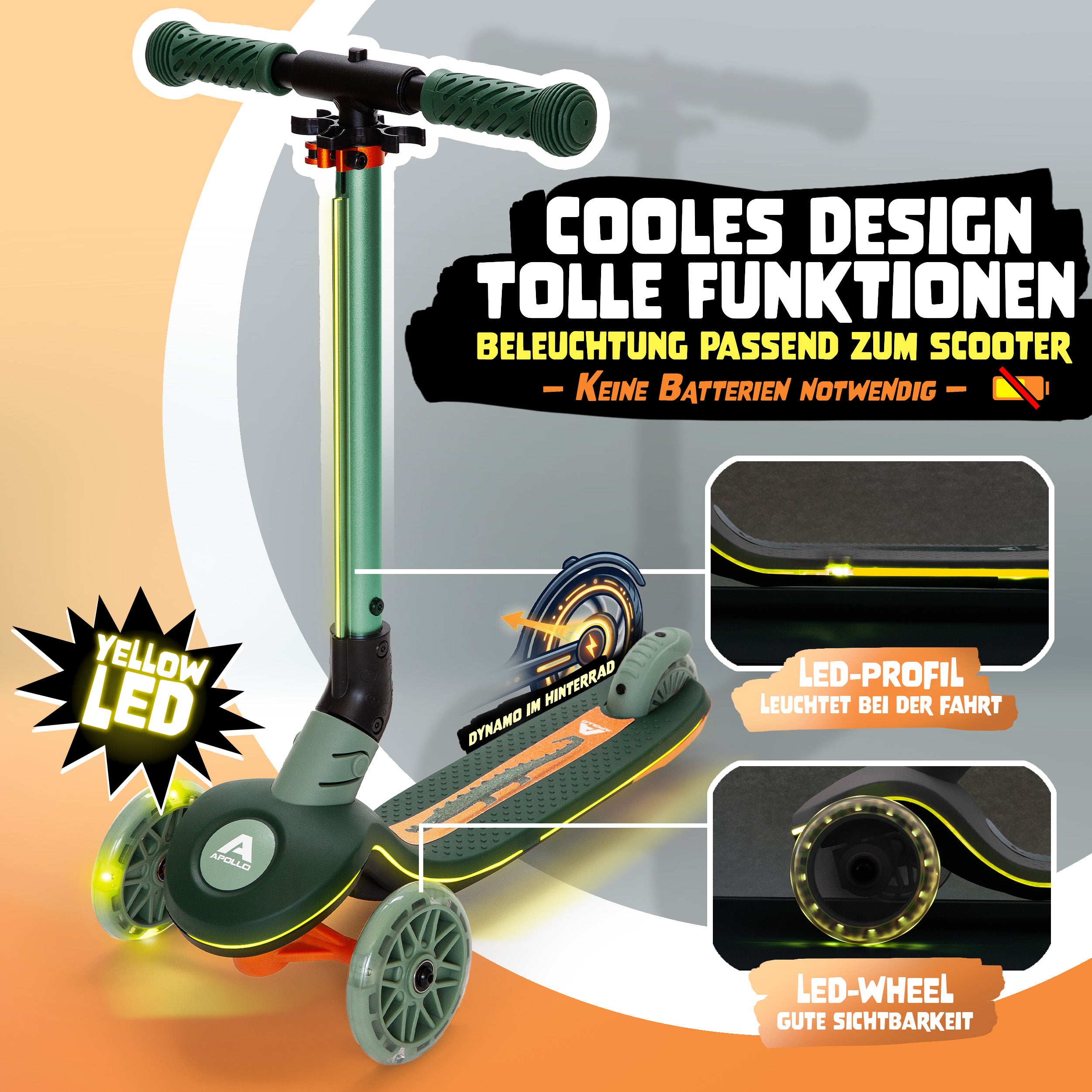 Apollo Funsport CH Apollo Whizzie LED Kinderroller, höhenverstellbarer Dreiradscooter für Kinder ab 3 Jahre Croco