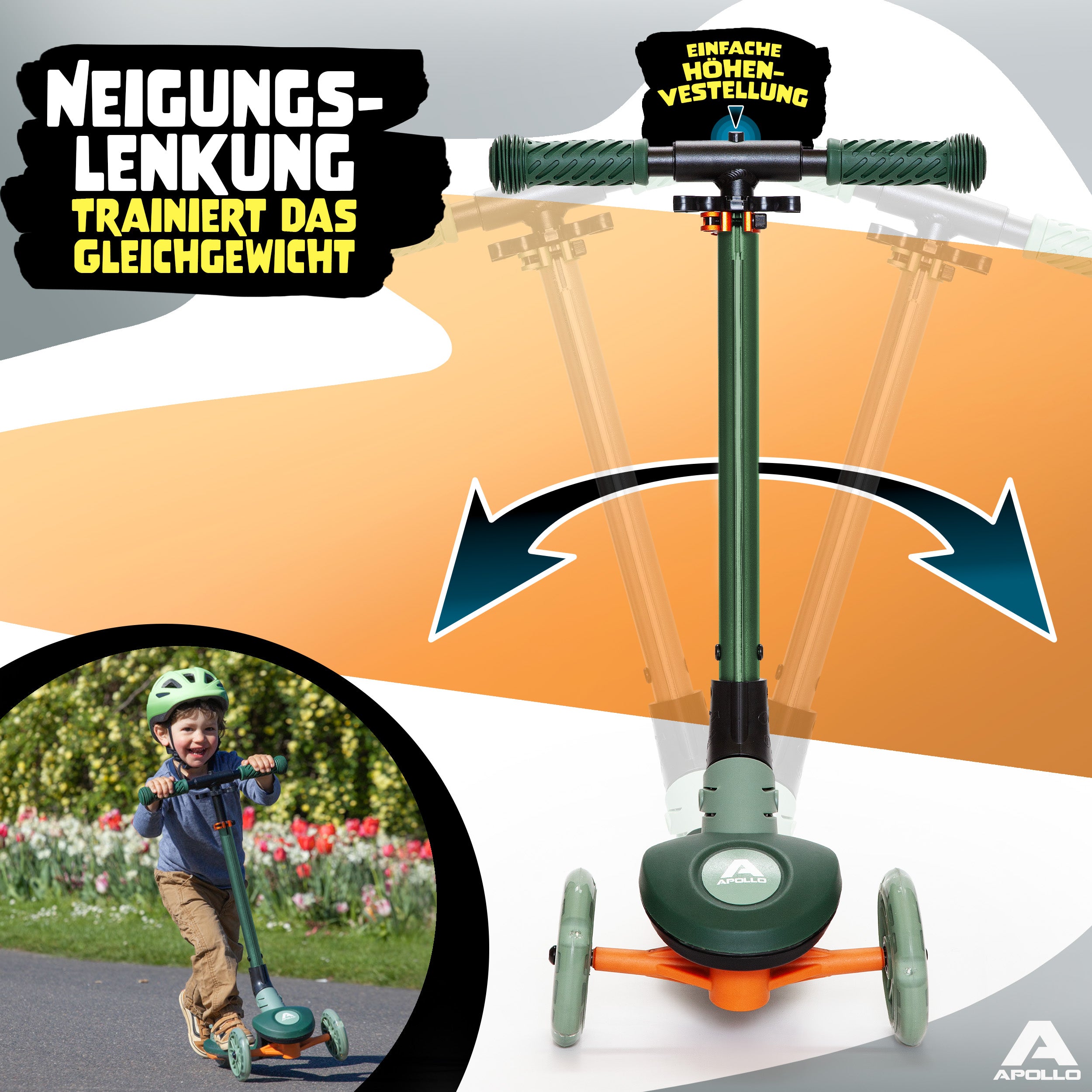 Apollo Funsport CH Apollo Whizzie LED Kinderroller, höhenverstellbarer Dreiradscooter für Kinder ab 3 Jahre Croco