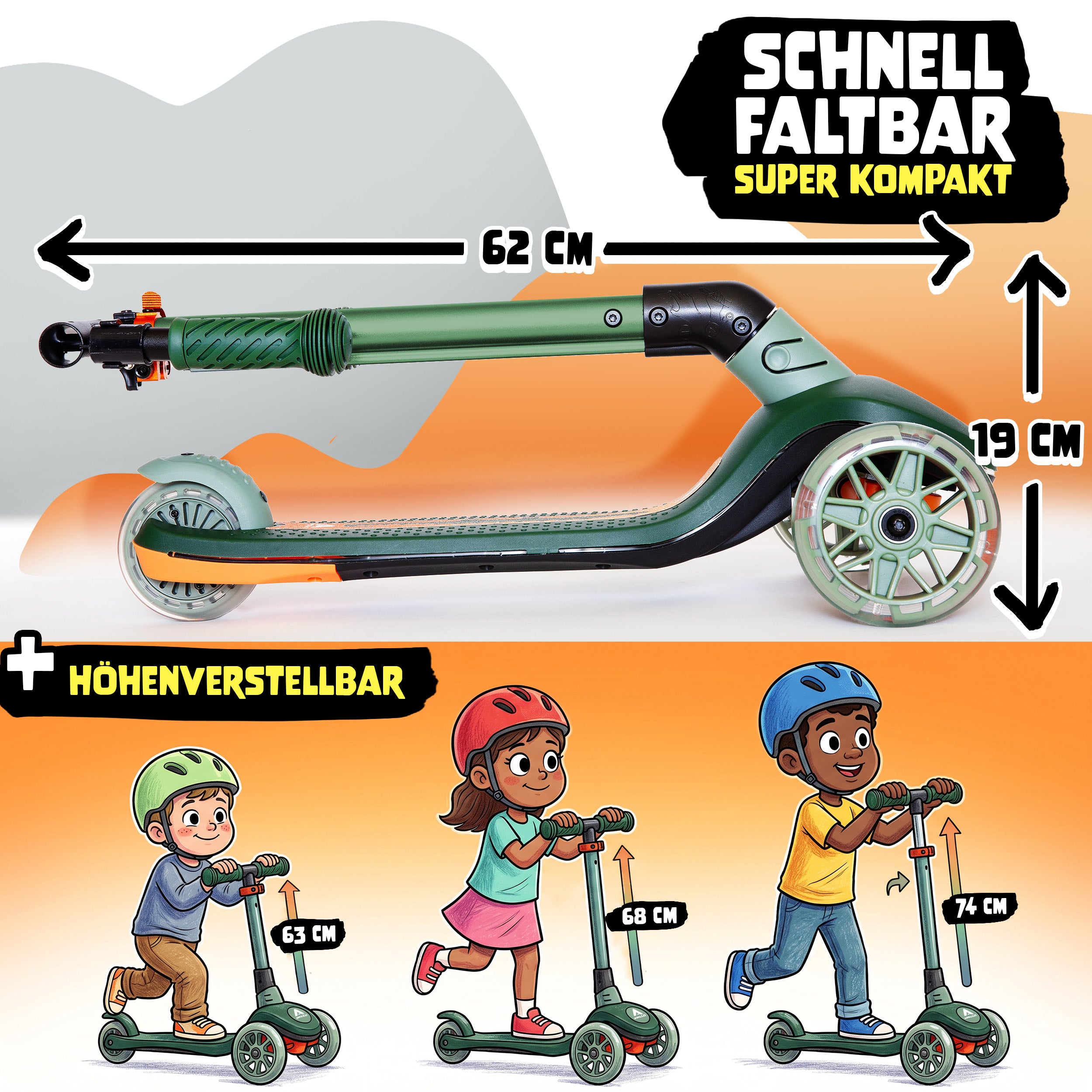 Apollo Funsport CH Apollo Whizzie LED Kinderroller, höhenverstellbarer Dreiradscooter für Kinder ab 3 Jahre Croco