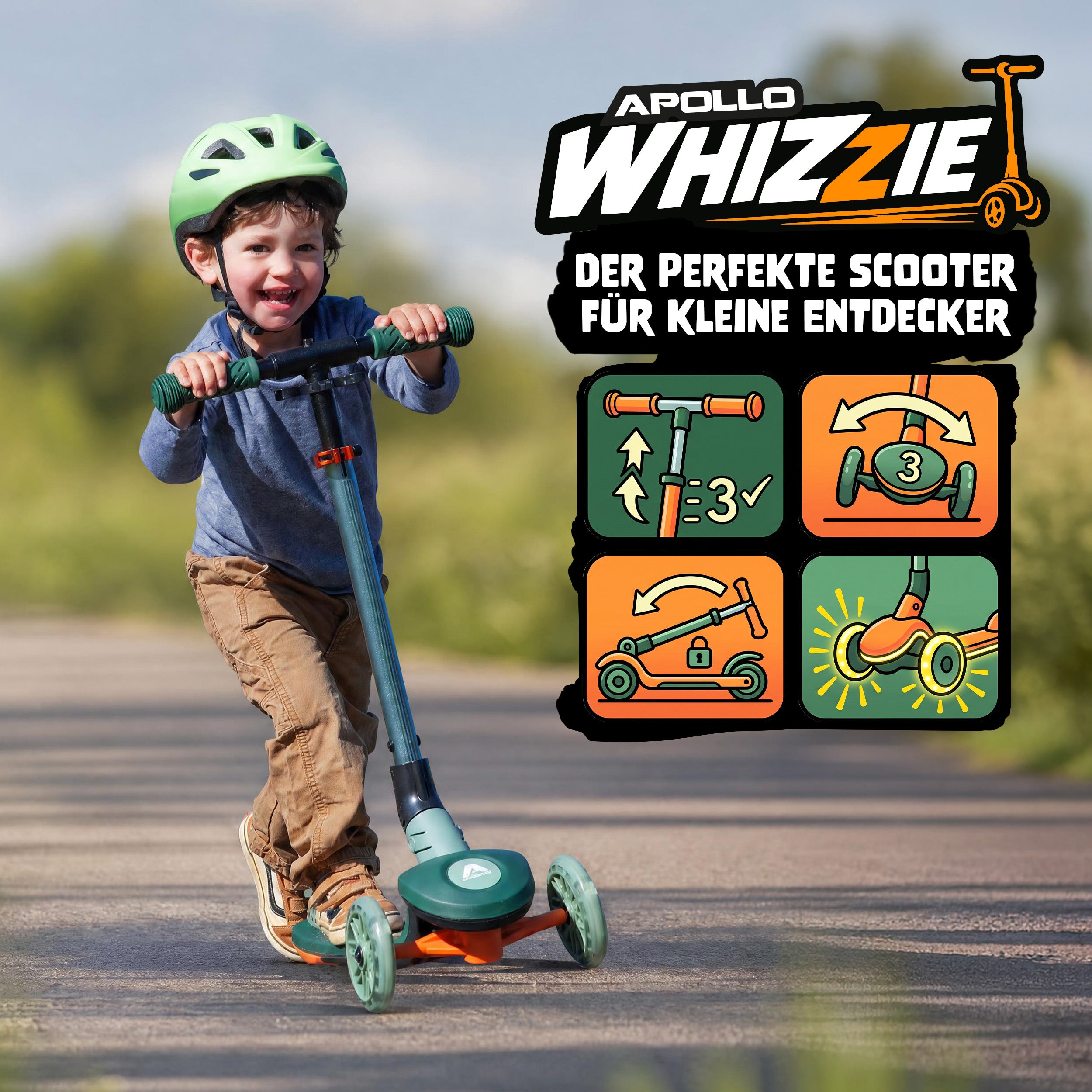 Apollo Funsport CH Apollo Whizzie LED Kinderroller, höhenverstellbarer Dreiradscooter für Kinder ab 3 Jahre Croco