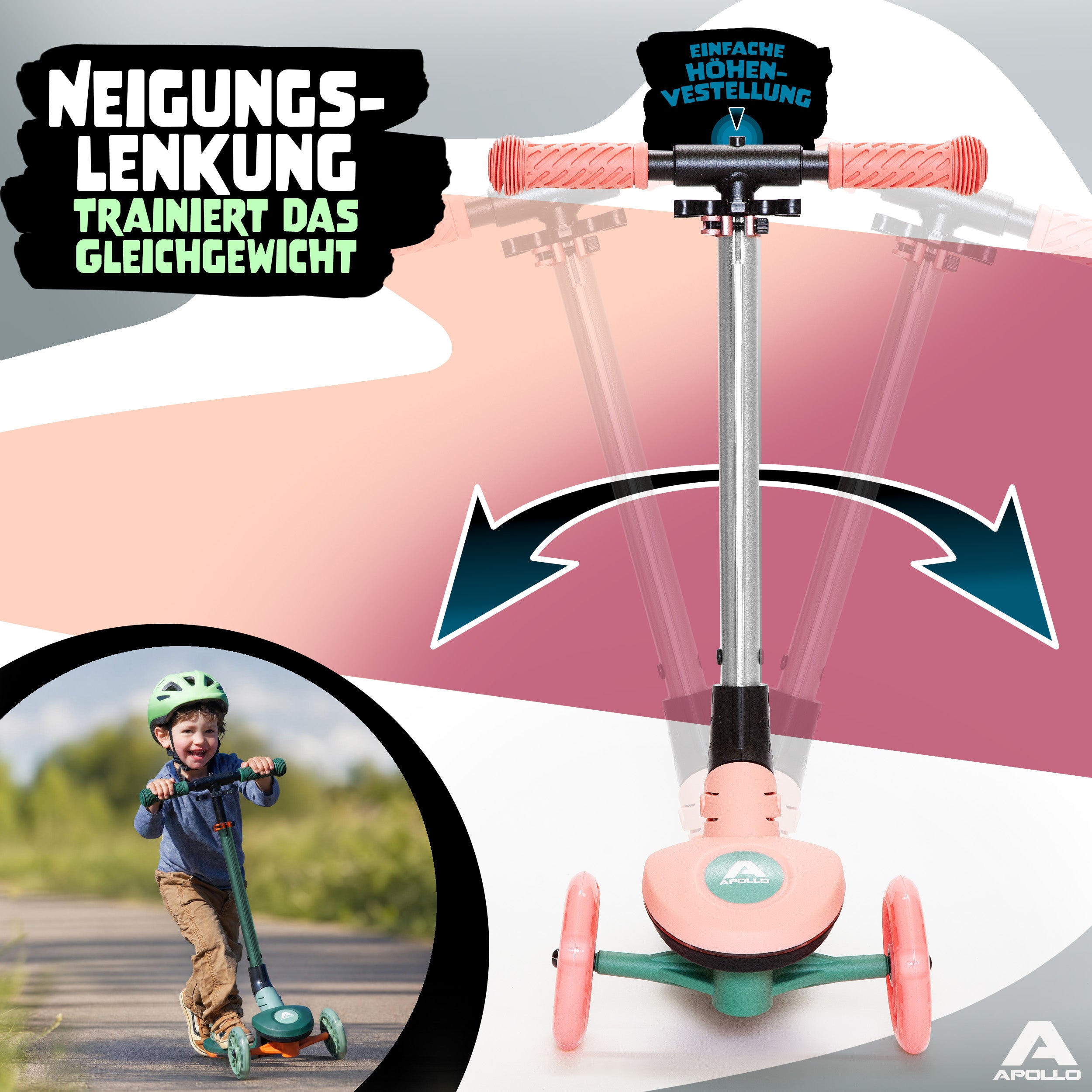 Apollo Funsport CH Apollo Whizzie LED Kinderroller, höhenverstellbarer Dreiradscooter für Kinder ab 3 Jahre Flamingo