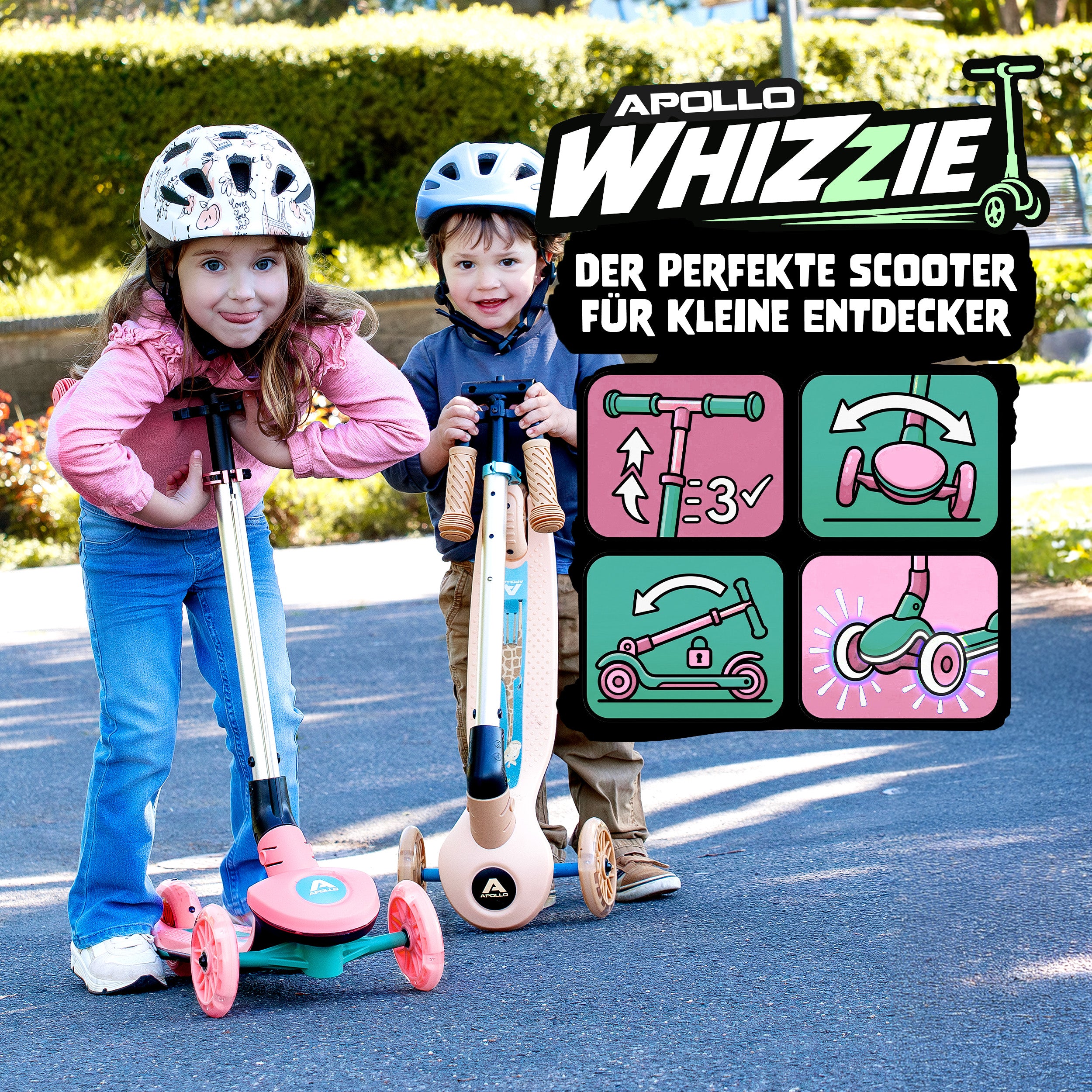 Apollo Funsport CH Apollo Whizzie LED Kinderroller, höhenverstellbarer Dreiradscooter für Kinder ab 3 Jahre Flamingo
