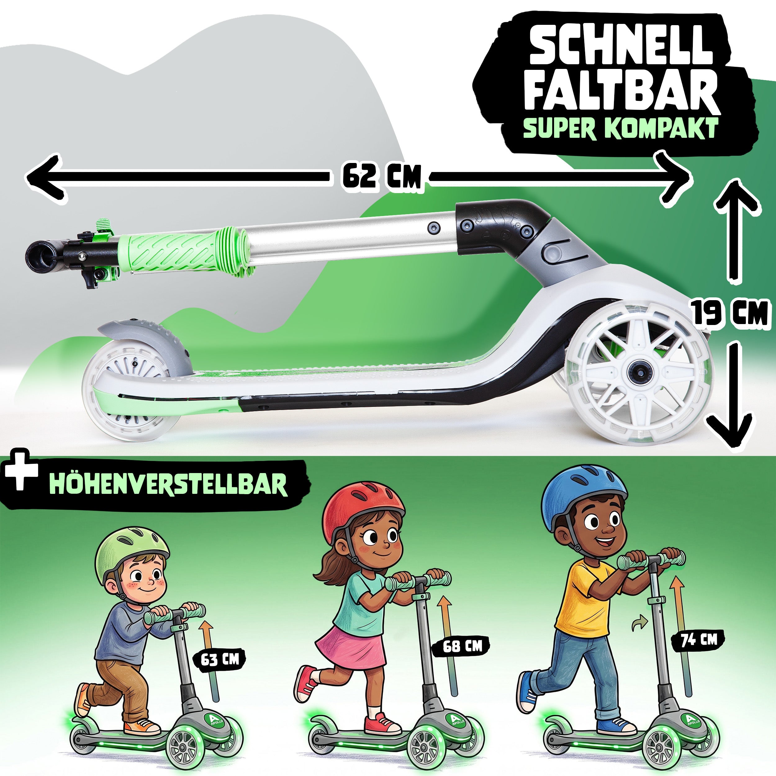 Apollo Funsport CH Apollo Whizzie LED Kinderroller, höhenverstellbarer Dreiradscooter für Kinder ab 3 Jahre Cat