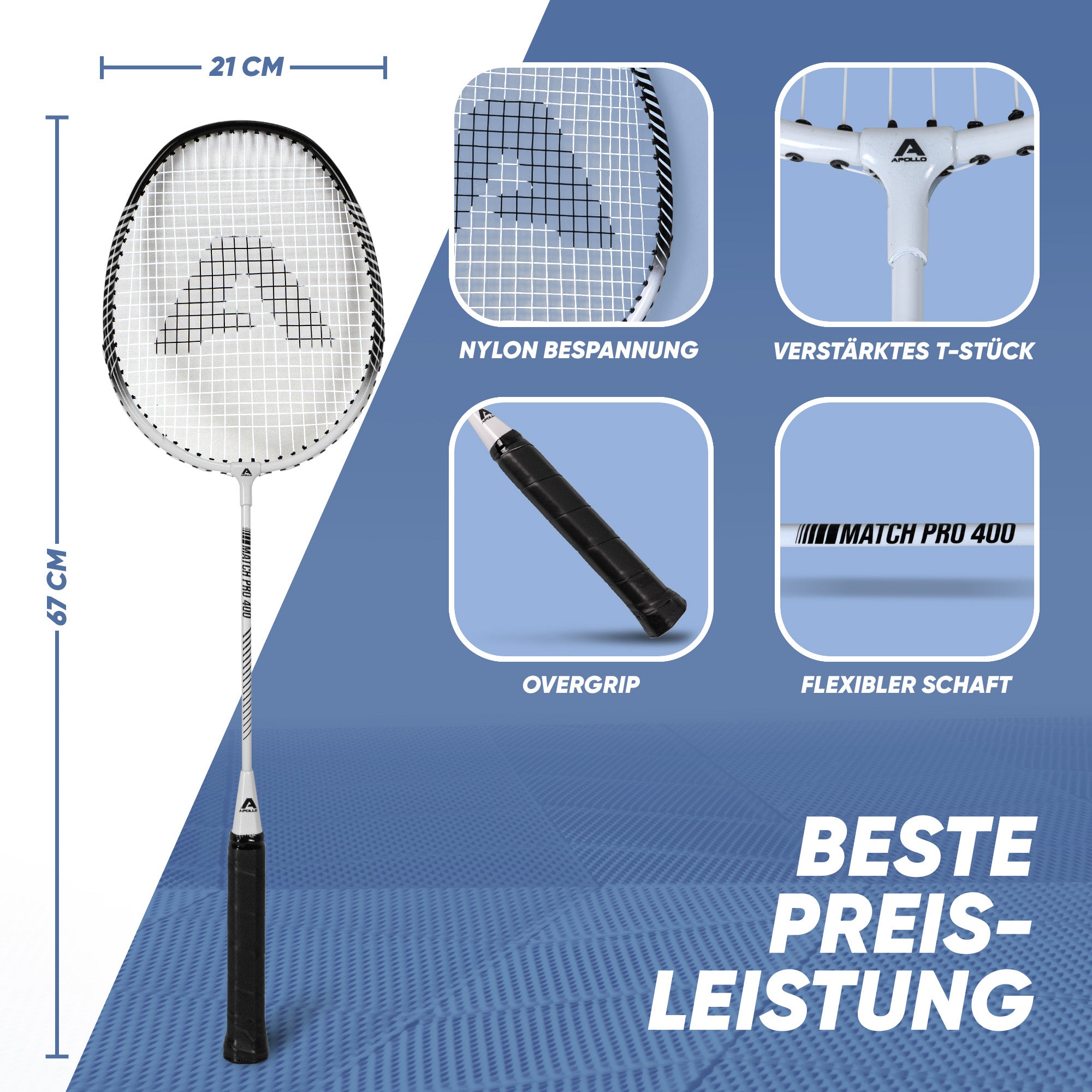 Apollo Funsport CH Badminton Set Match Pro 400 - inkl. Tasche, 2x Schläger, Bälle Weiss Schwarz