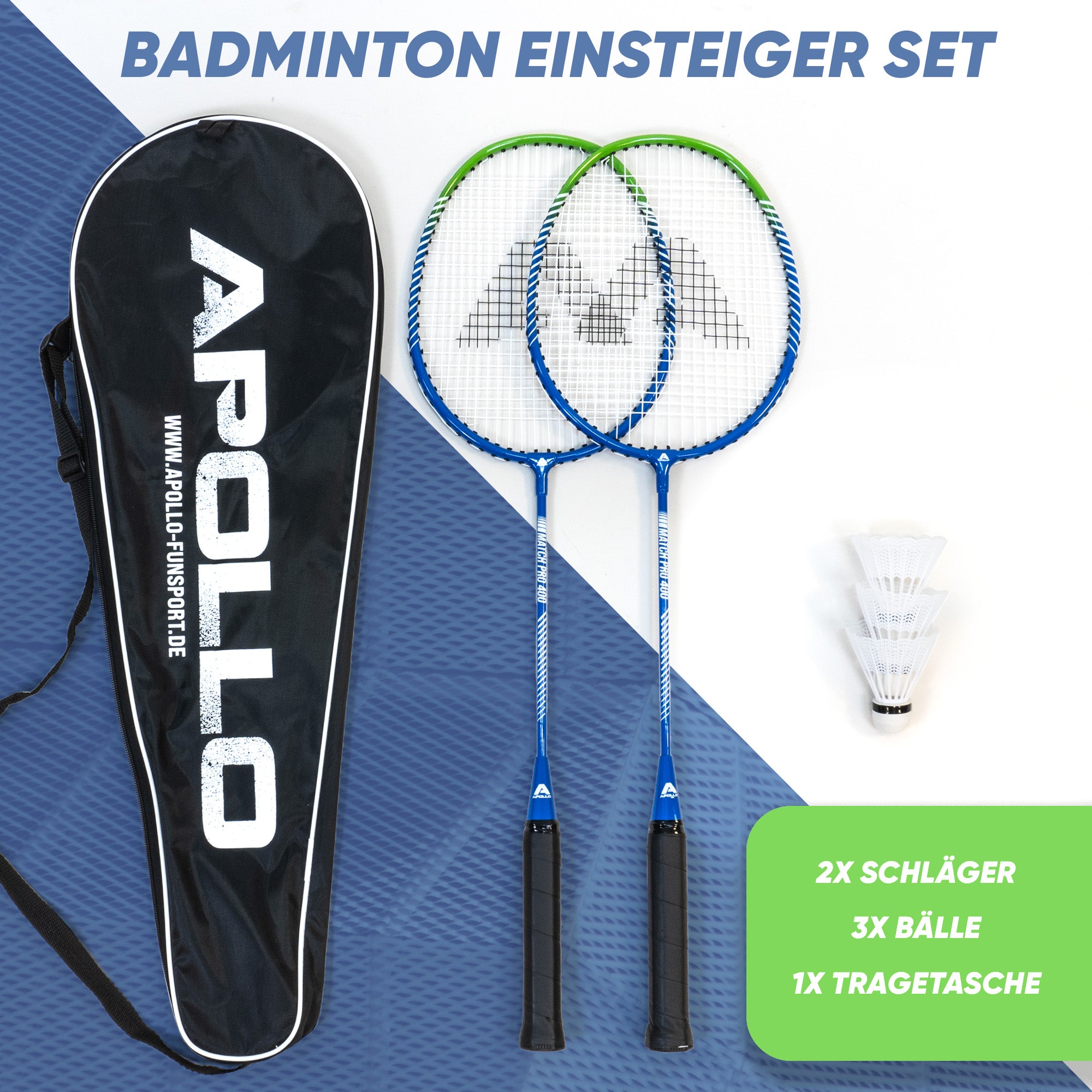 Apollo Funsport CH Badminton Set Match Pro 400 - inkl. Tasche, 2x Schläger, Bälle Blau Grün