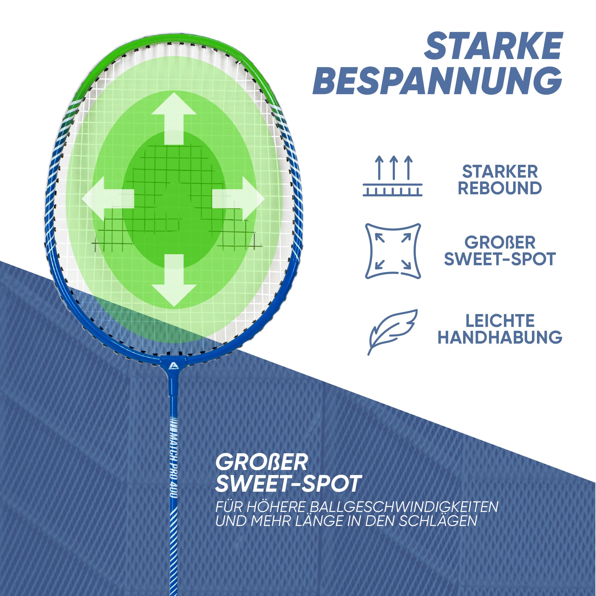 Apollo Funsport CH Badminton Set Match Pro 400 - inkl. Tasche, 2x Schläger, Bälle Blau Grün