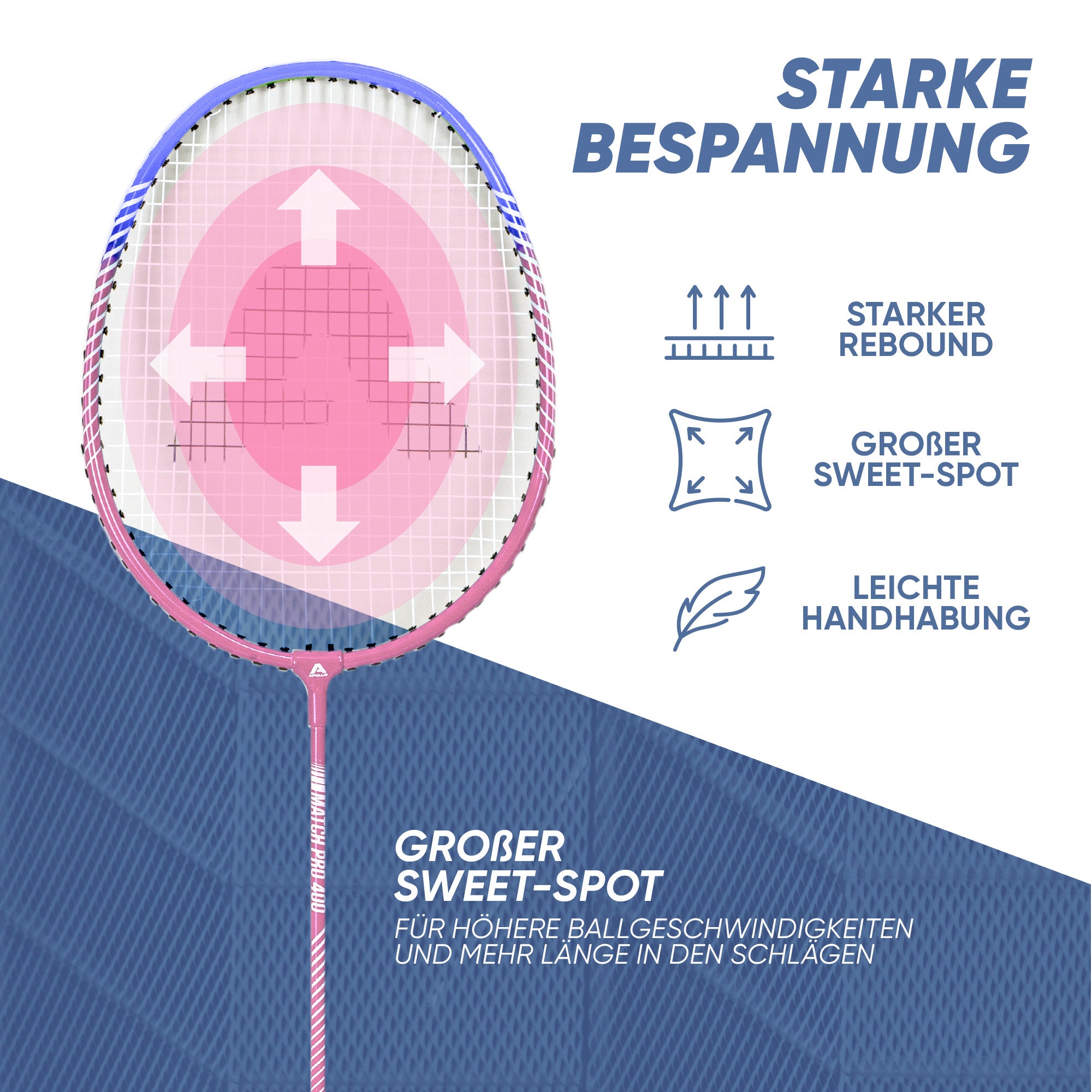 Apollo Funsport CH Badminton Set Match Pro 400 - inkl. Tasche, 2x Schläger, Bälle Blau Pink