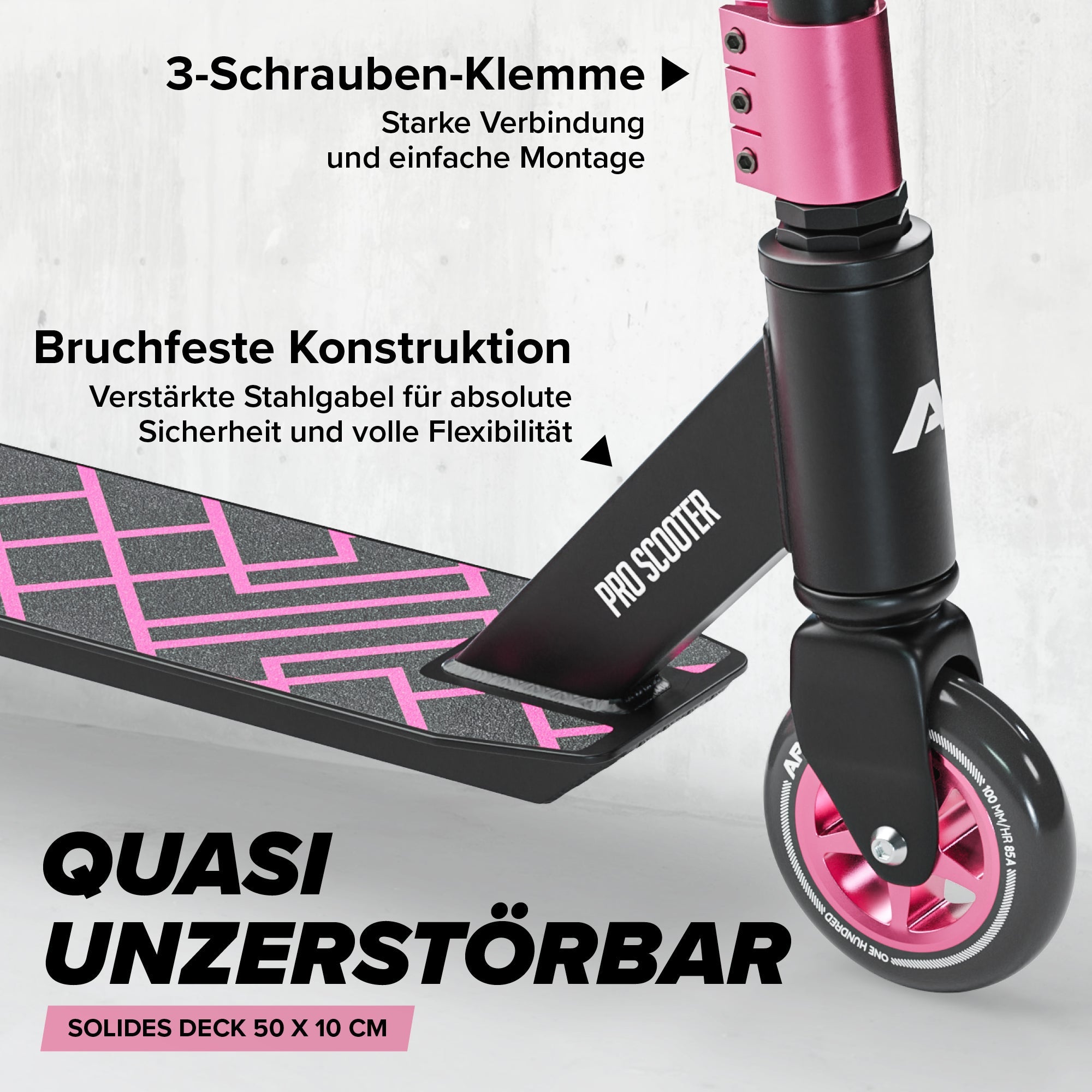 Apollo - Stunt Scooter - Genius Pro Robuster Kinder Scooter mit ABEC 9 Kugellager - Schwarz Pink