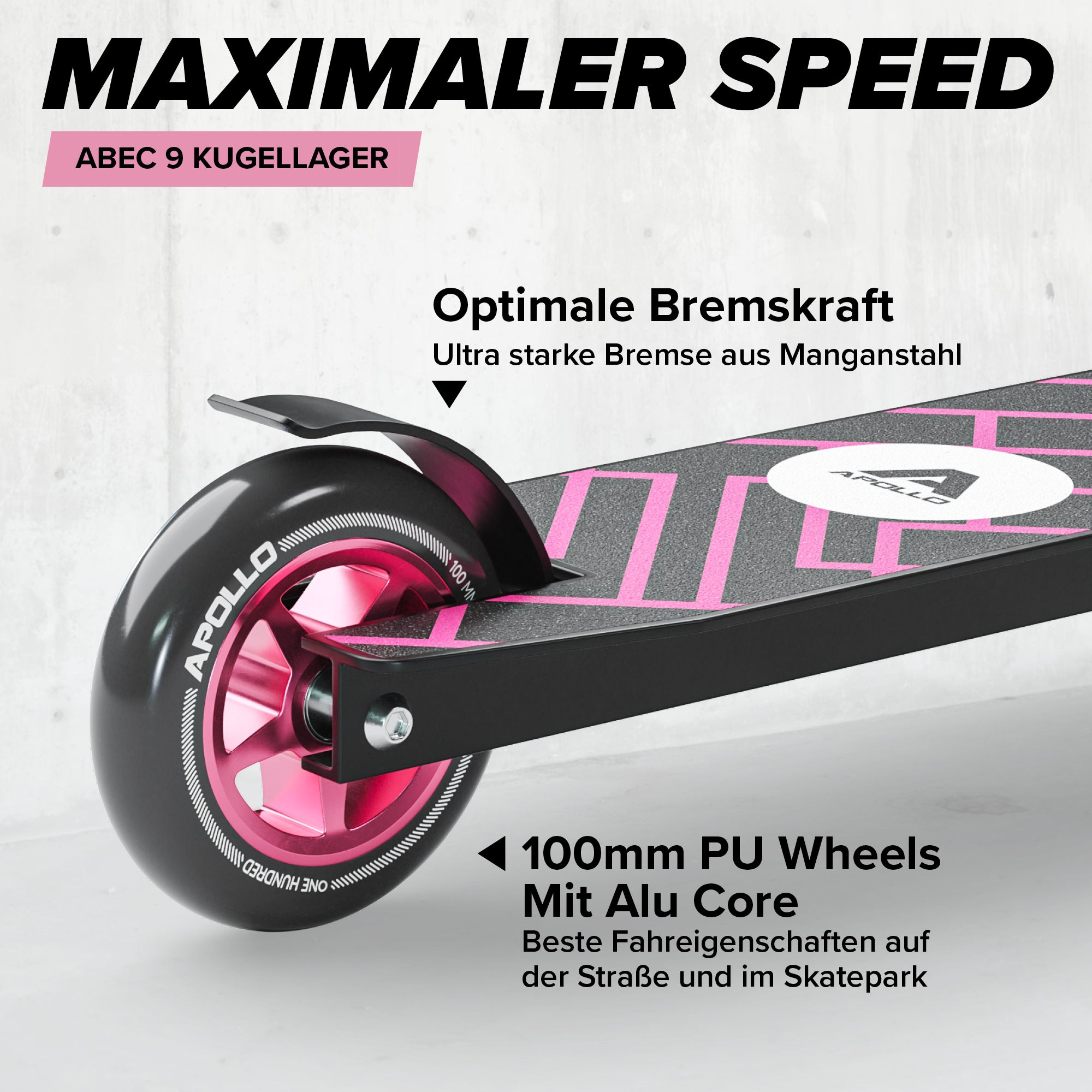 Apollo - Stunt Scooter - Genius Pro Robuster Kinder Scooter mit ABEC 9 Kugellager - Schwarz Pink