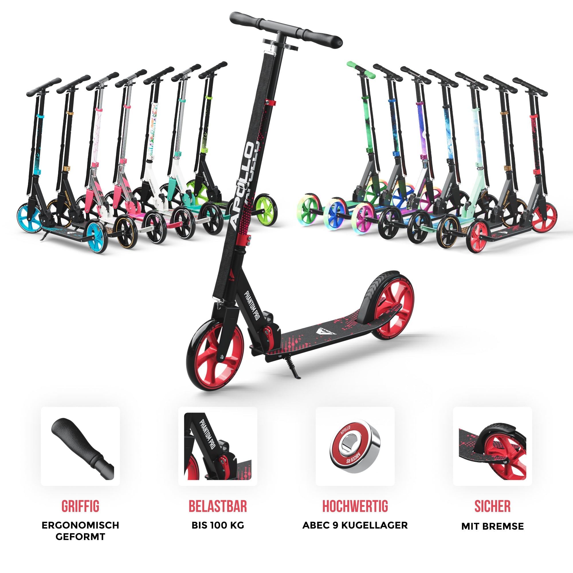 Apollo - Klappbarer City Roller für Kinder "Phantom" höhenverstellbarer Tretroller - Rot