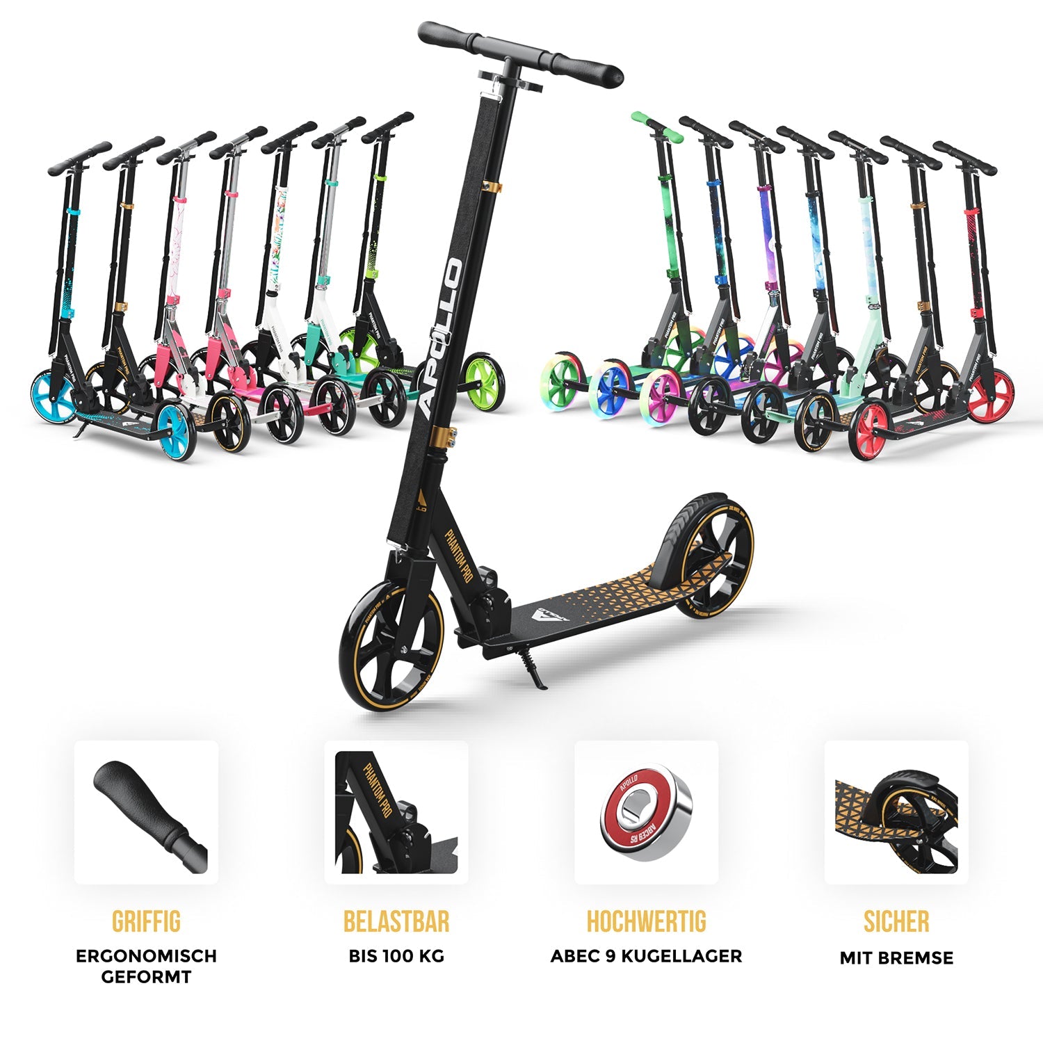 Apollo - Klappbarer City Roller für Kinder "Phantom" höhenverstellbarer Tretroller - Gold