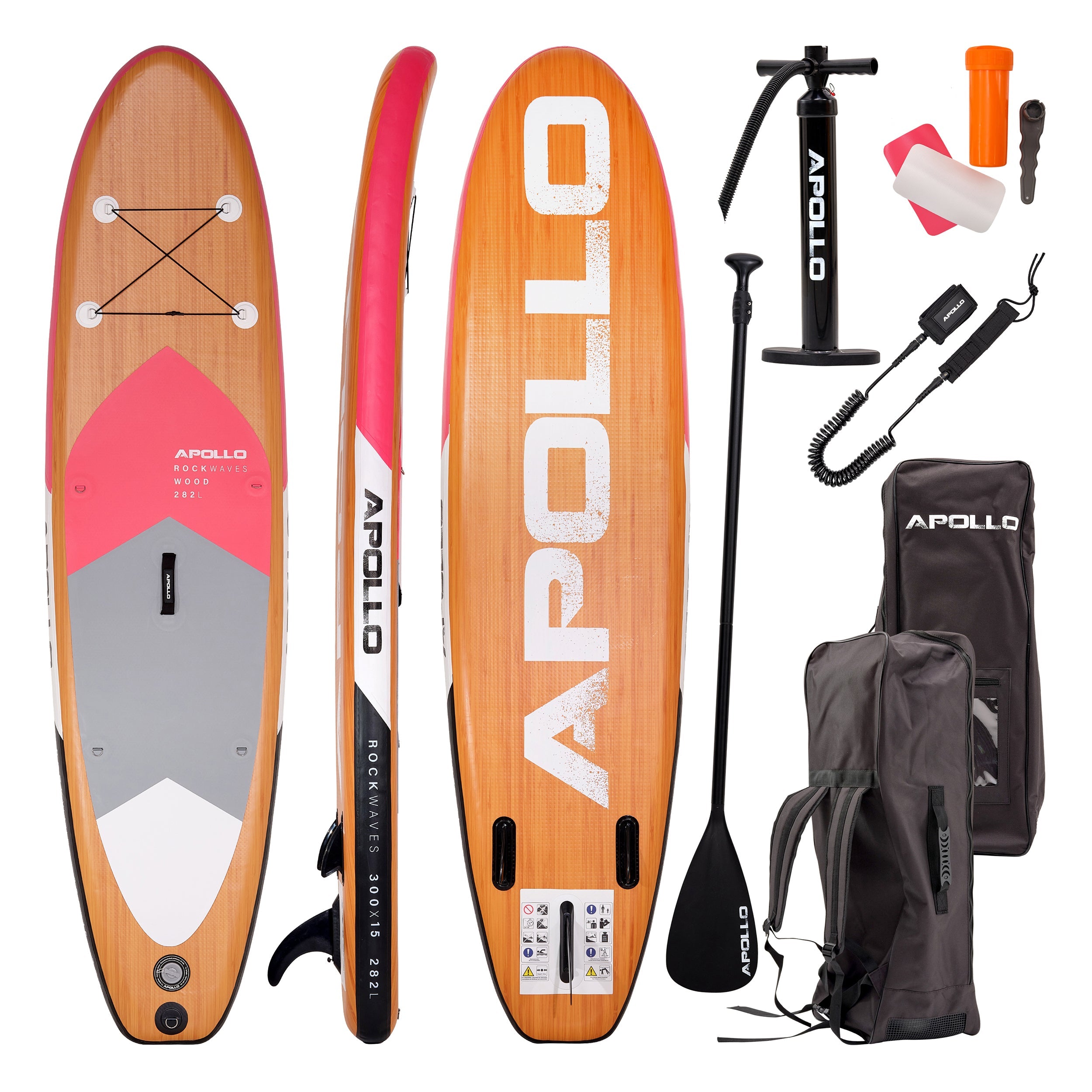 Apollo Funsport - SUP Board Komplett-Set Aufblasbares Stand Up Paddle Board - Wood - Wood Pink