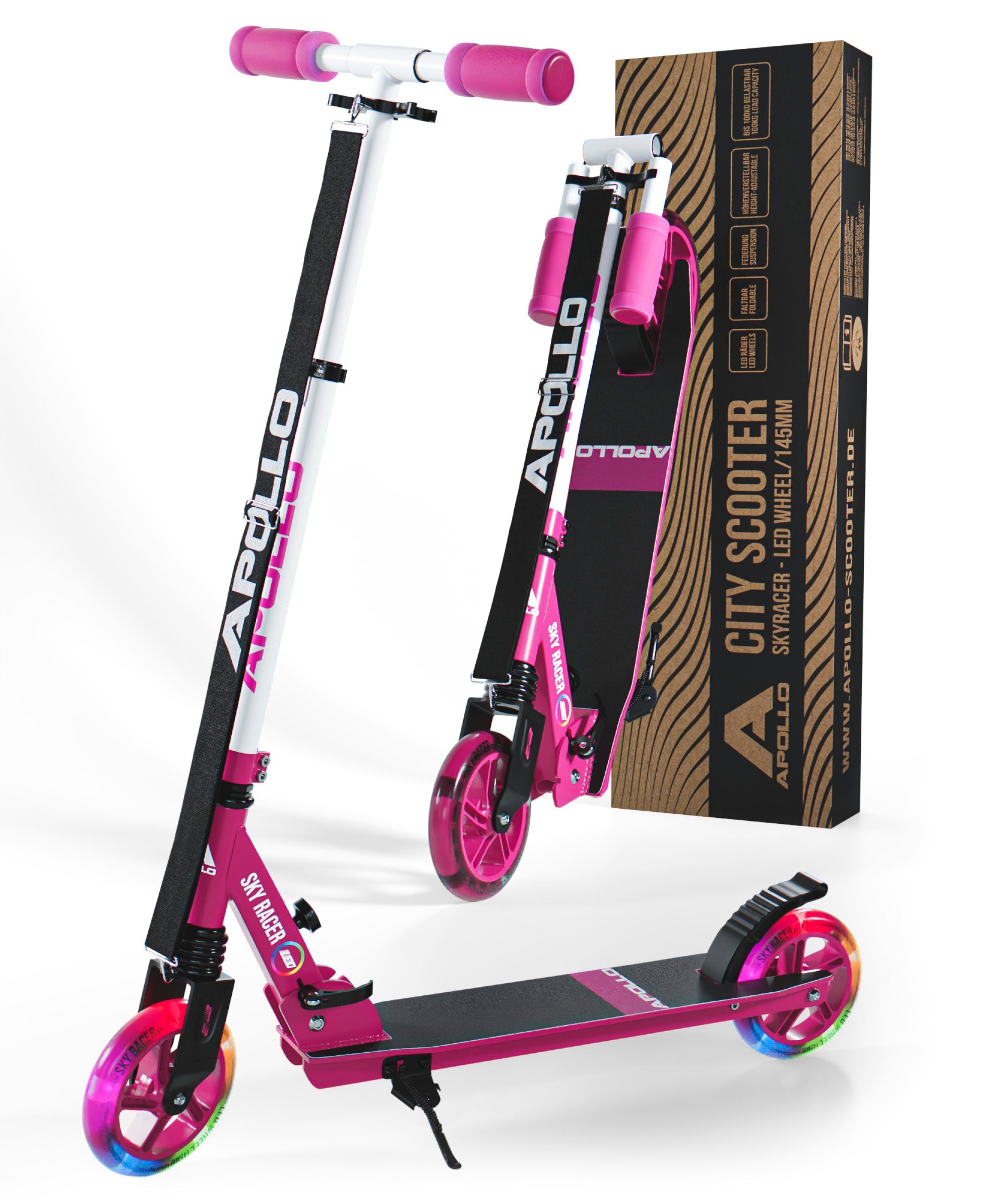 Apollo 145mm City Scooter mit Federung "Skyracer" klappbar und höhenverstellbar Pink Weiß