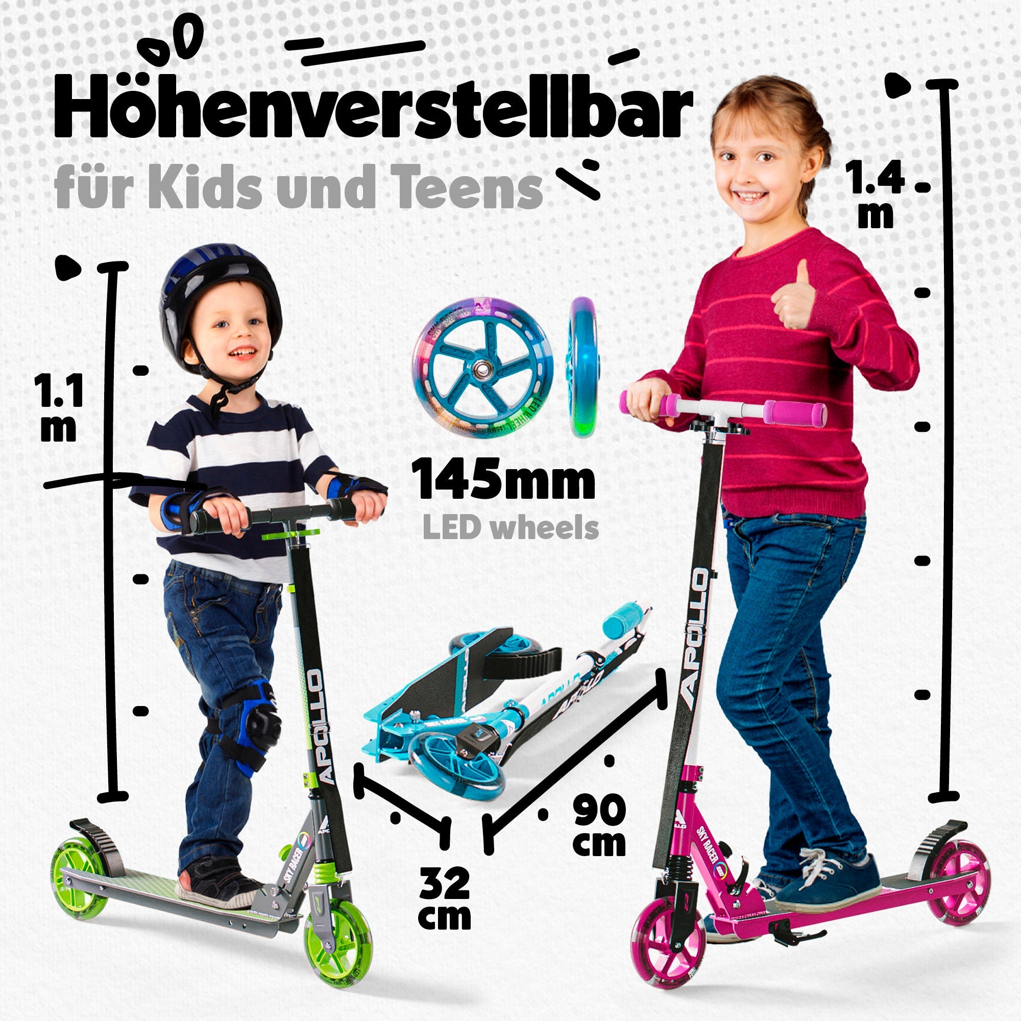 Apollo - 145mm City Scooter mit Federung "Skyracer" klappbar und höhenverstellbar - Grün Grau