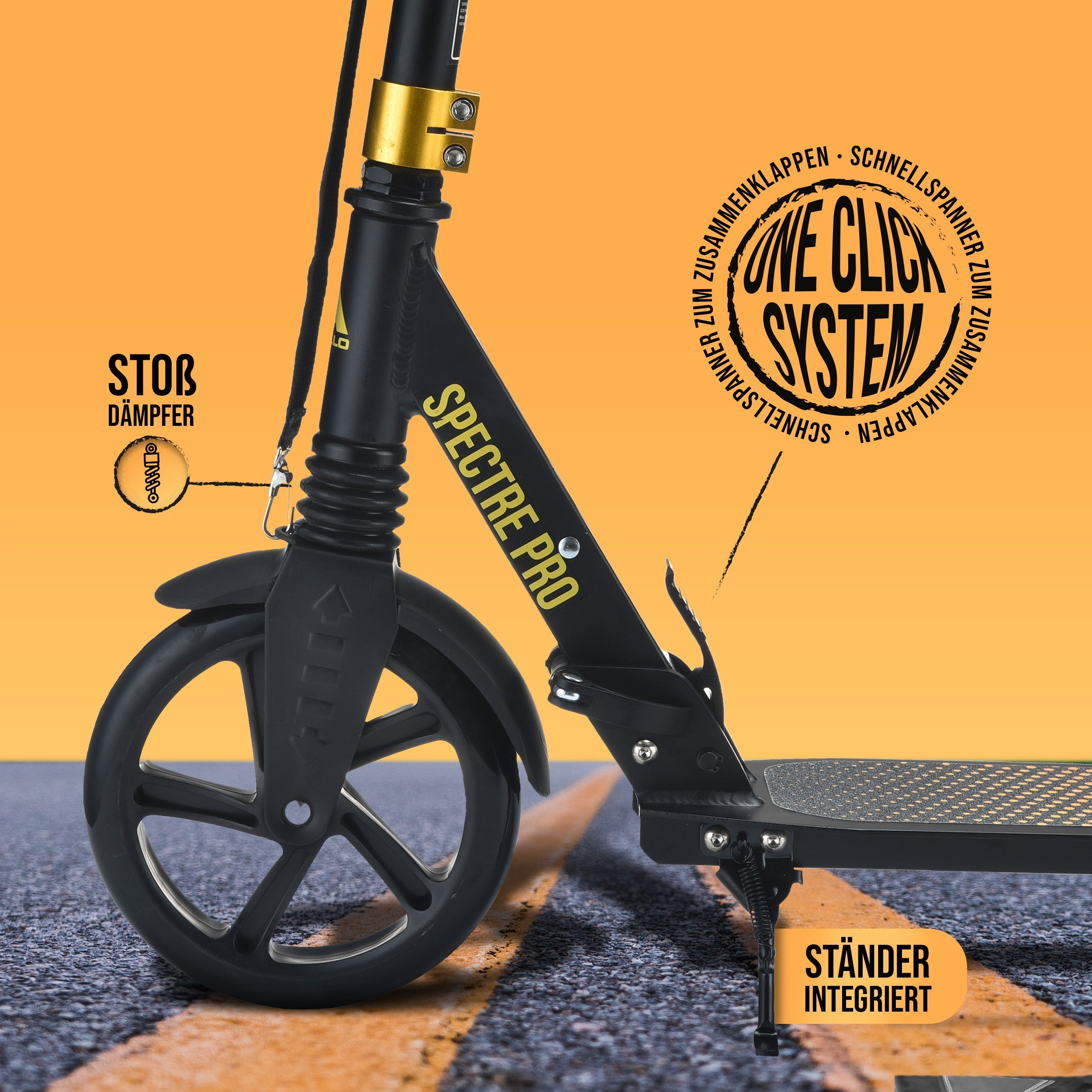 Apollo - Luxus Cityroller mit Doppelfederung "Spectre" City-Roller klapp- und verstellbar - Schwarz Gold