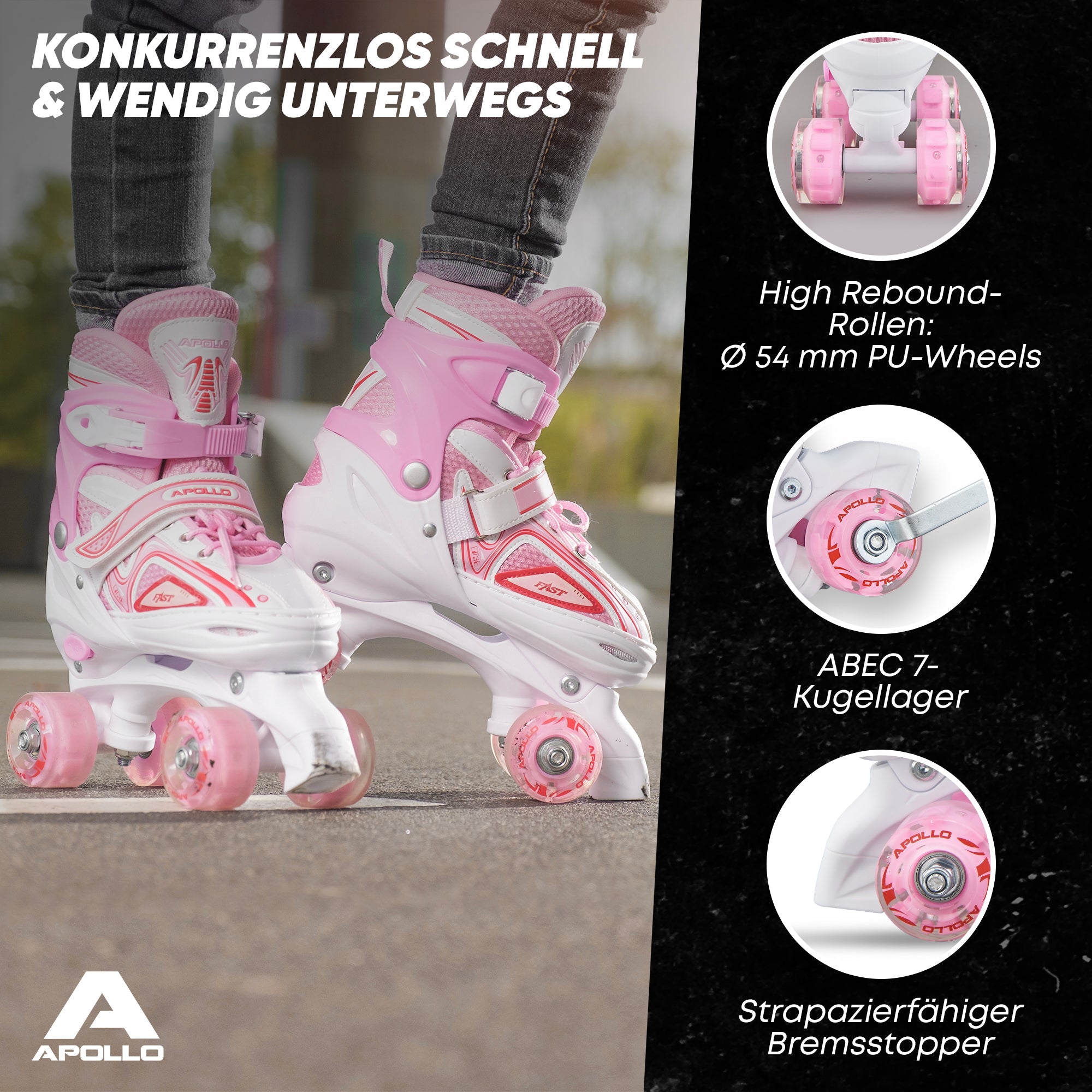 Apollo - Super Quad größenverstellbare verstellbare Rollschuhe für Kinder - Weiß Pink -