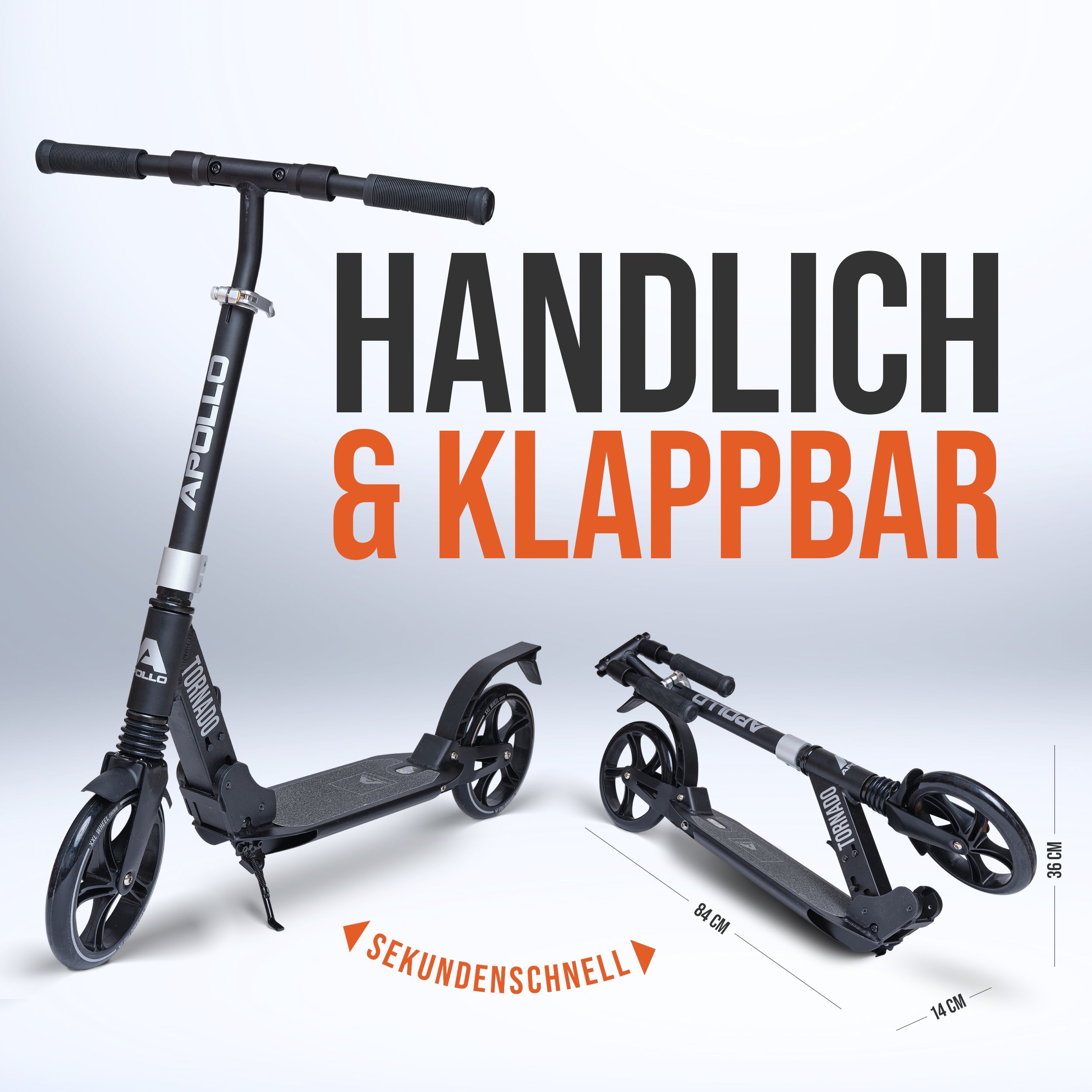 Apollo - High End Scooter Erwachsene - "Tornado 2.0" Cityroller Kinder ab 7 Jahre - Schwarz Silber