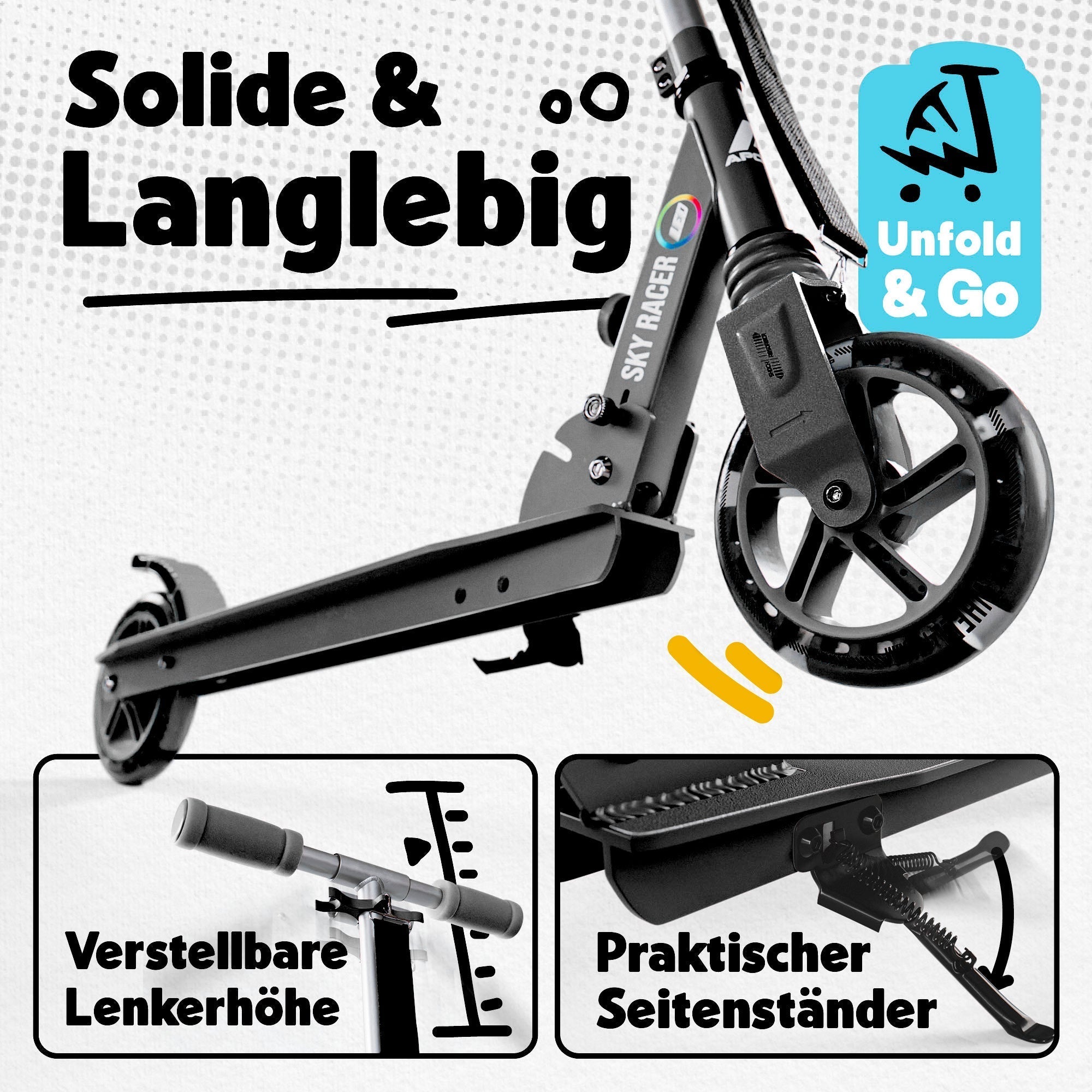 Apollo - 145mm City Scooter mit Federung "Skyracer" klappbar und höhenverstellbar - Schwarz