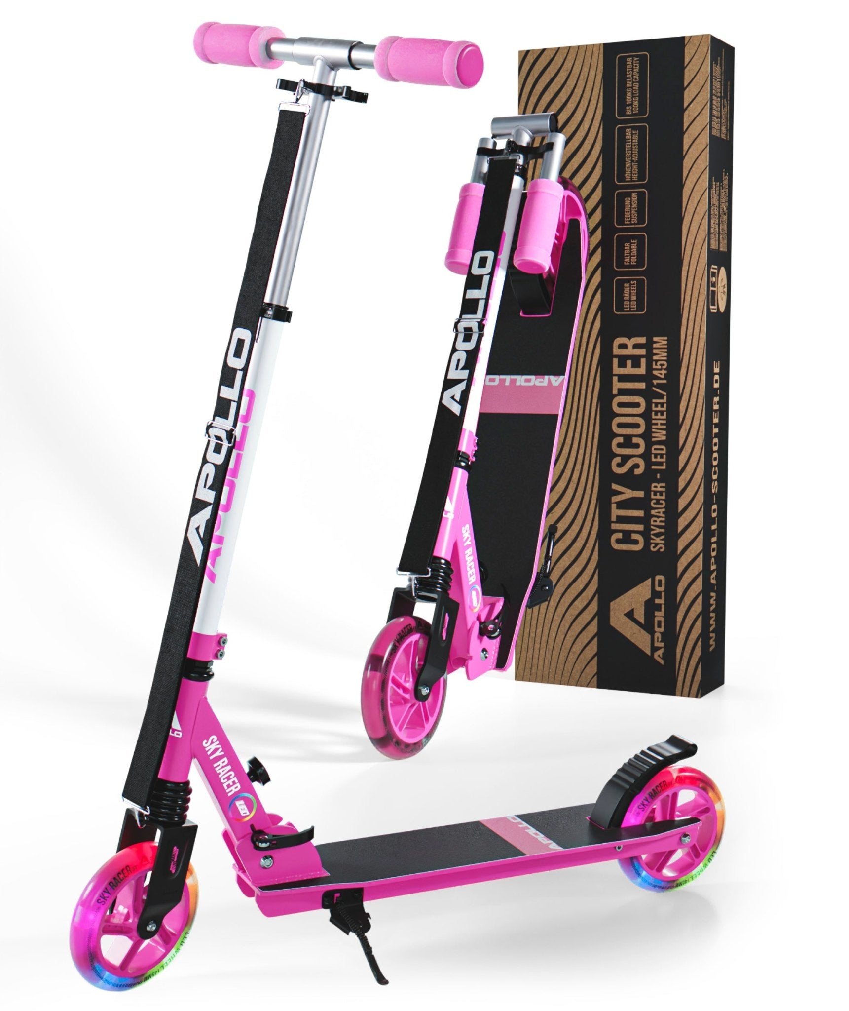 Apollo 145mm City Scooter mit Federung "Skyracer" klappbar und höhenverstellbar Rosa Weiß