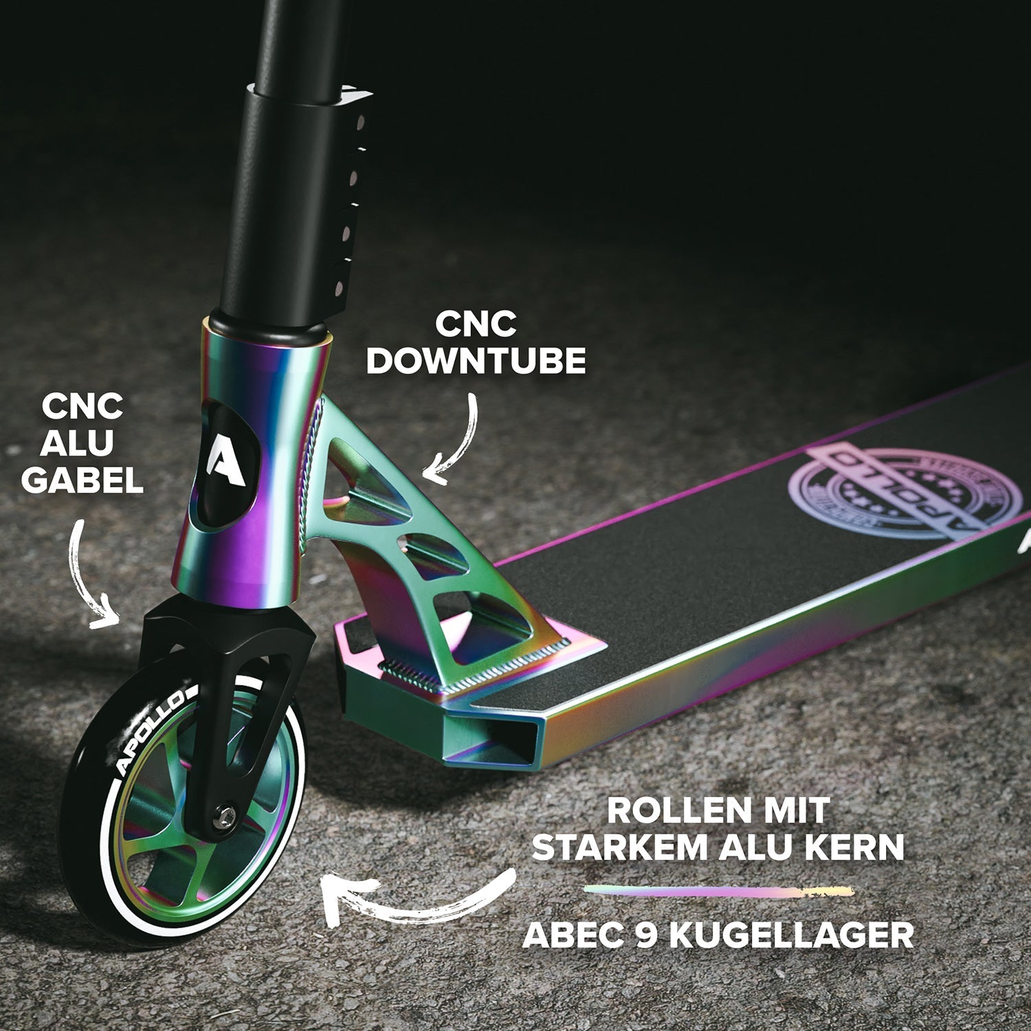 Apollo - High End Stunt Scooter - Genesis Pro X Competition mit ABEC 9 Kugellagern - Rainbow