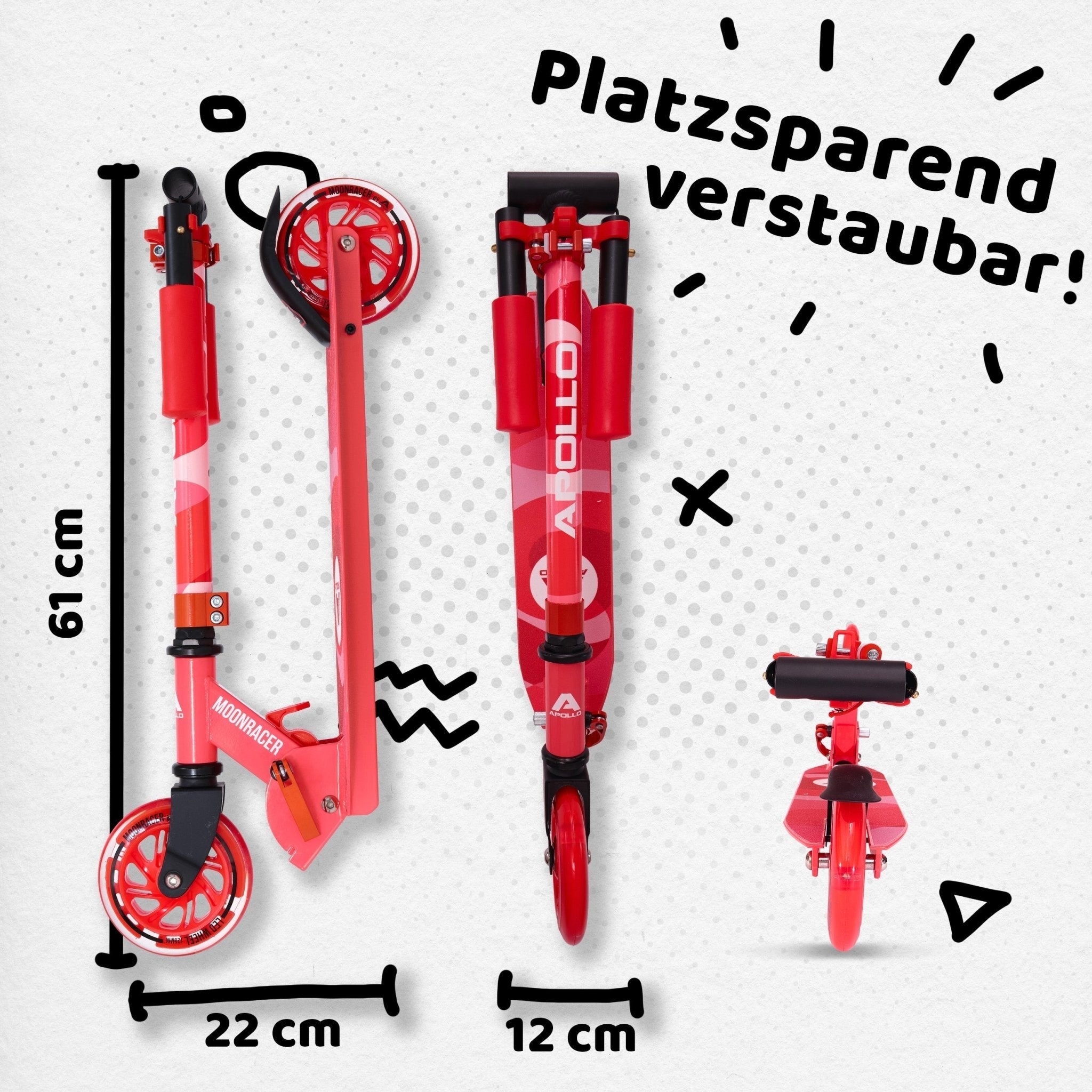 Apollo - Scooter LED - "Moonracer" City Scooter Kinder mit Federung - Rot