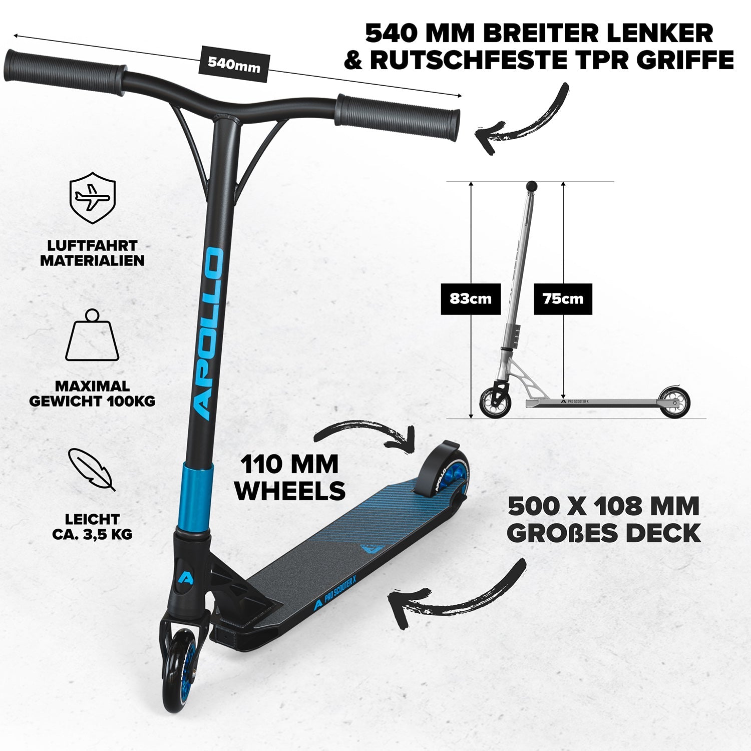 Apollo - High End Stunt Scooter - Genesis Pro X Stuntscooter mit ABEC 9 Kugellagern - Schwarz Blau