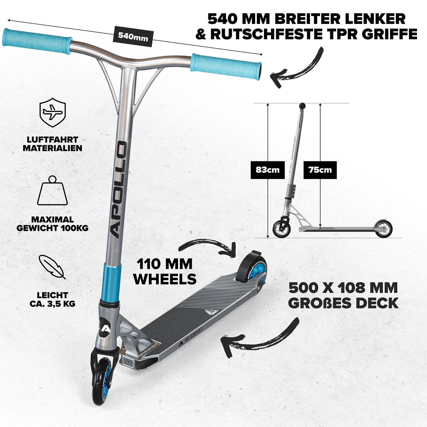 Apollo - High End Stunt Scooter - Genesis Pro X Stuntscooter mit ABEC 9 Kugellagern - Silber
